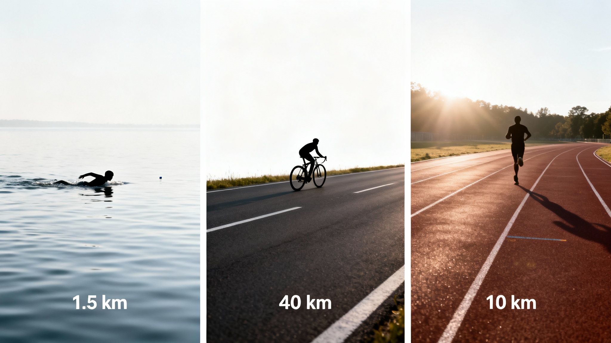 Three panels showing a person swimming 1.5 km, cycling 40 km, and running 10 km, illustrating an Olympic triathlon.