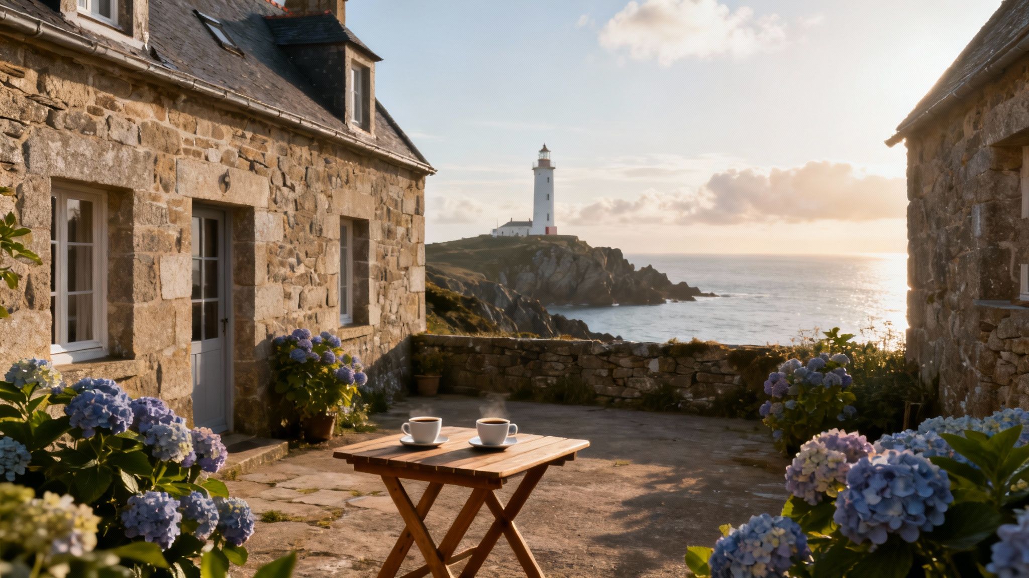 Cozy stone house with hydrangeas, coffee on a patio, and a lighthouse overlooking the ocean at sunset.