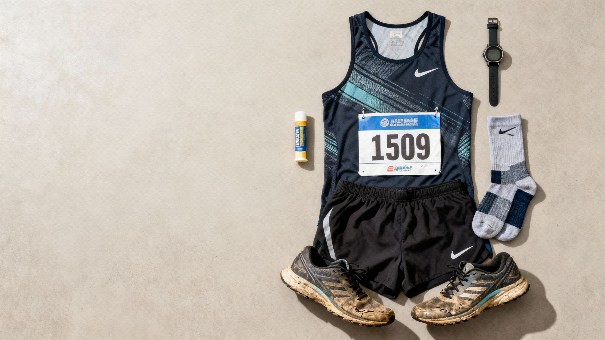 A flat lay of essential running gear for a half marathon race day.