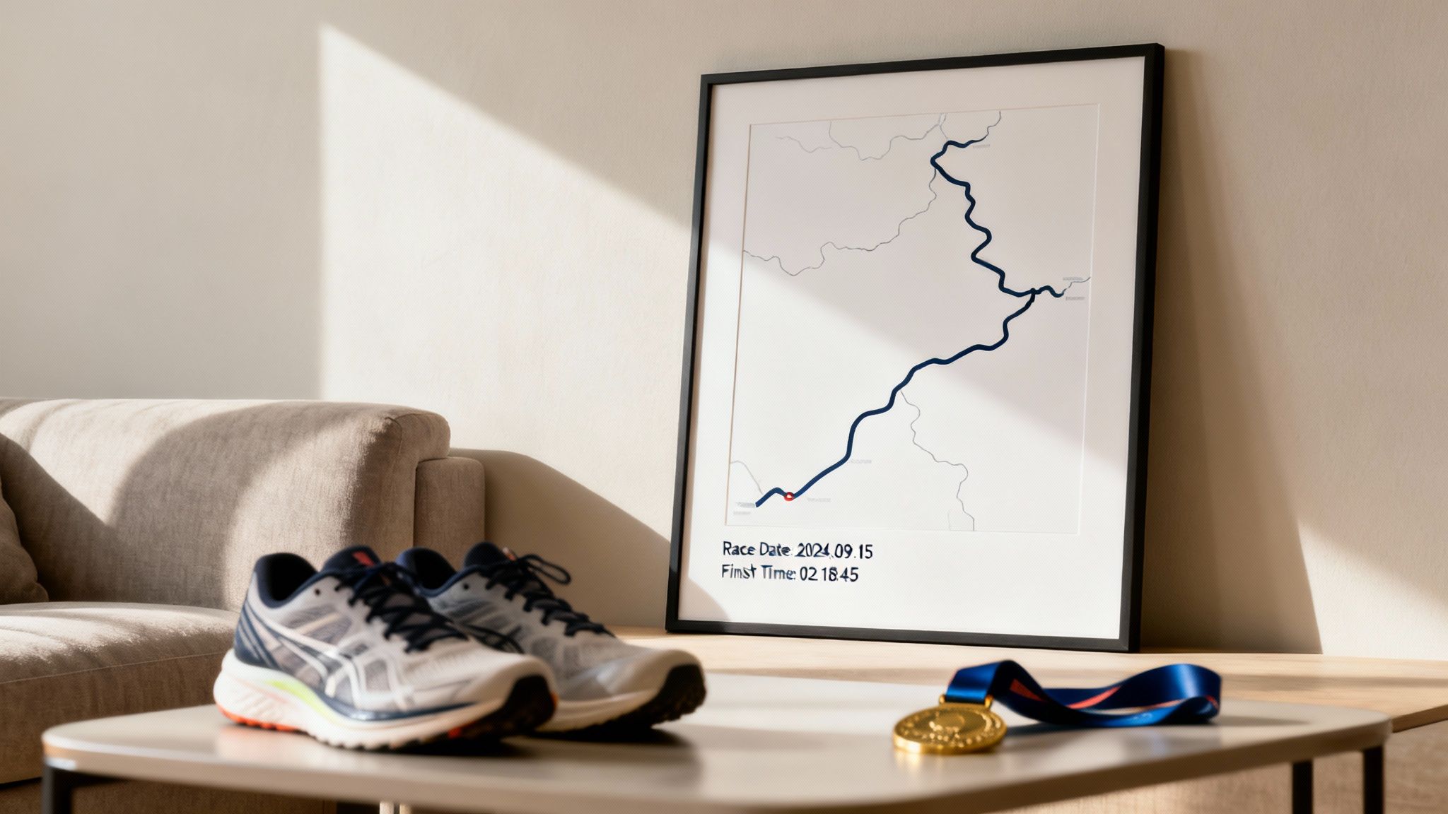 A framed map showing a race route with date and time, running shoes, and a gold medal on a table.