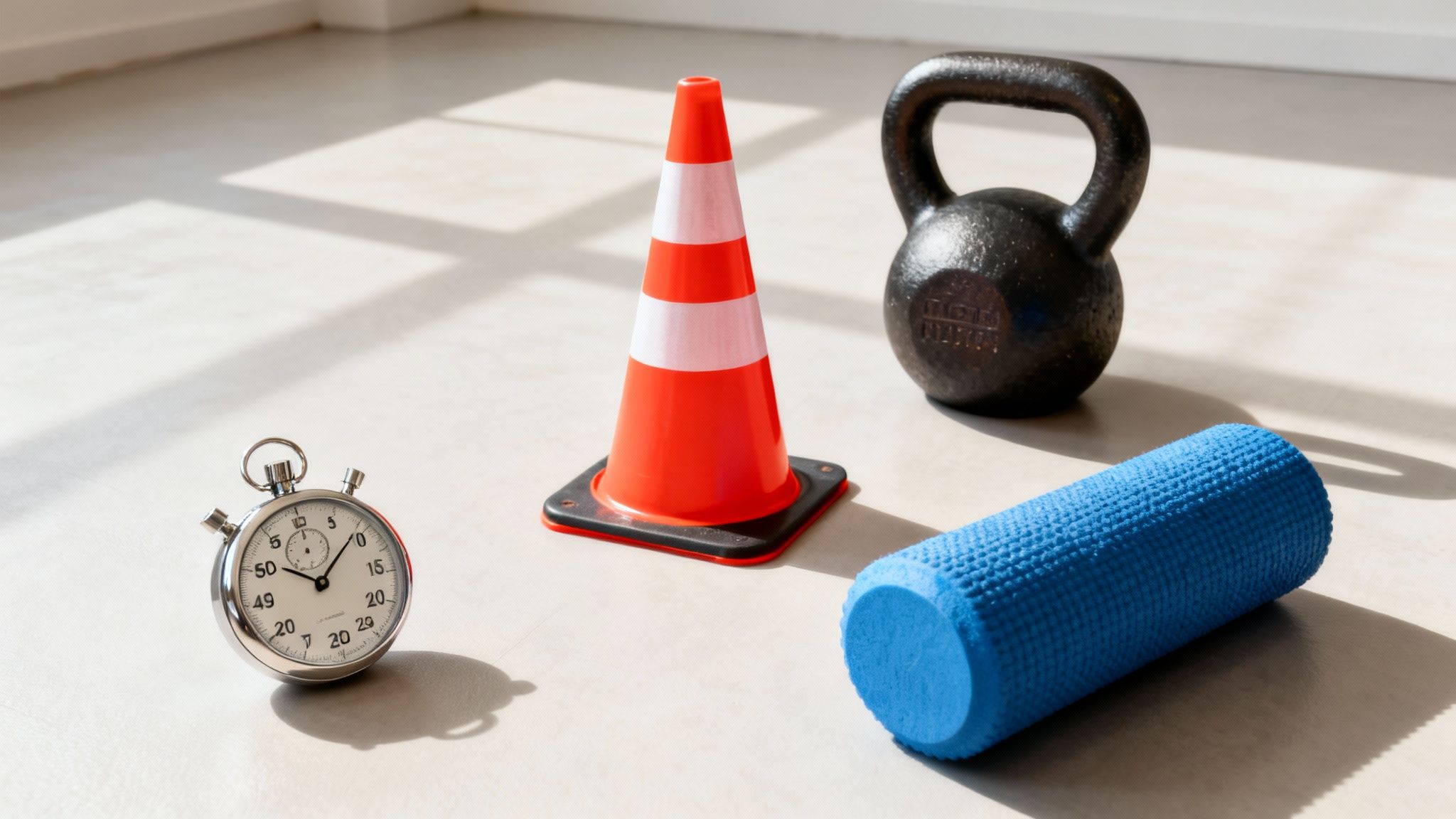 Fitness equipment including a stopwatch, orange cone, black kettlebell, and blue foam roller on a light floor.
