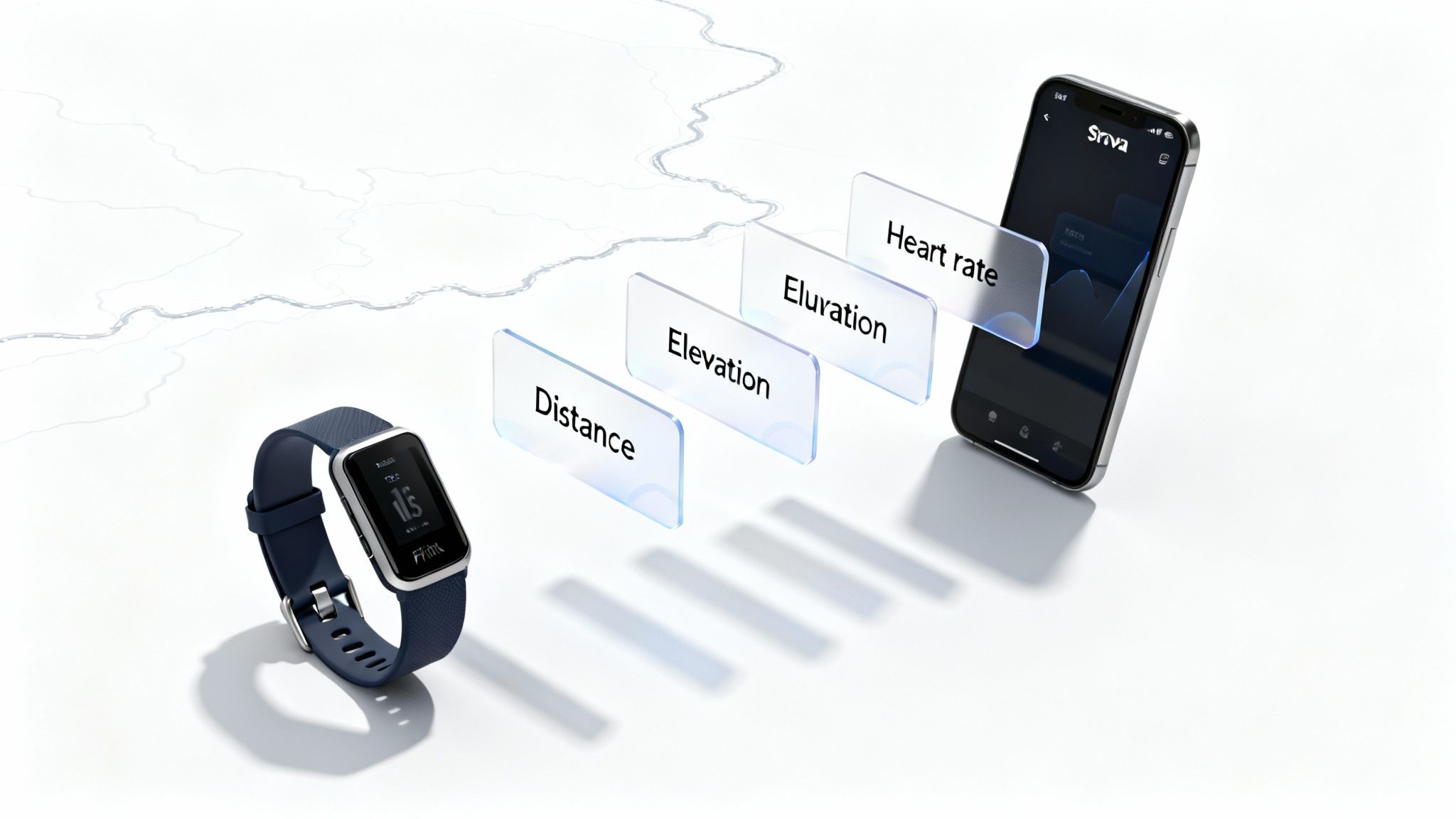 A Fitbit smartwatch and a smartphone displaying the Strava app show fitness metrics like distance, elevation, and heart rate.