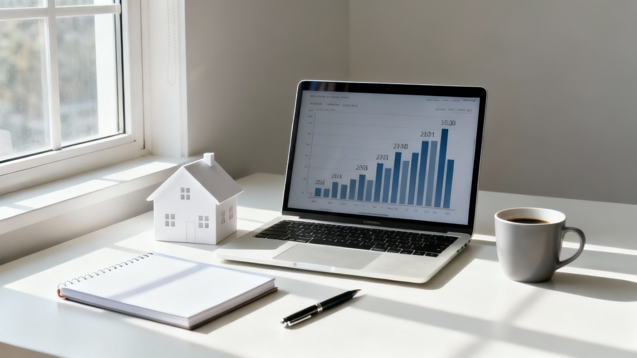 A modern home office desk with a laptop displaying a graph, a white house model, coffee, and a notebook.