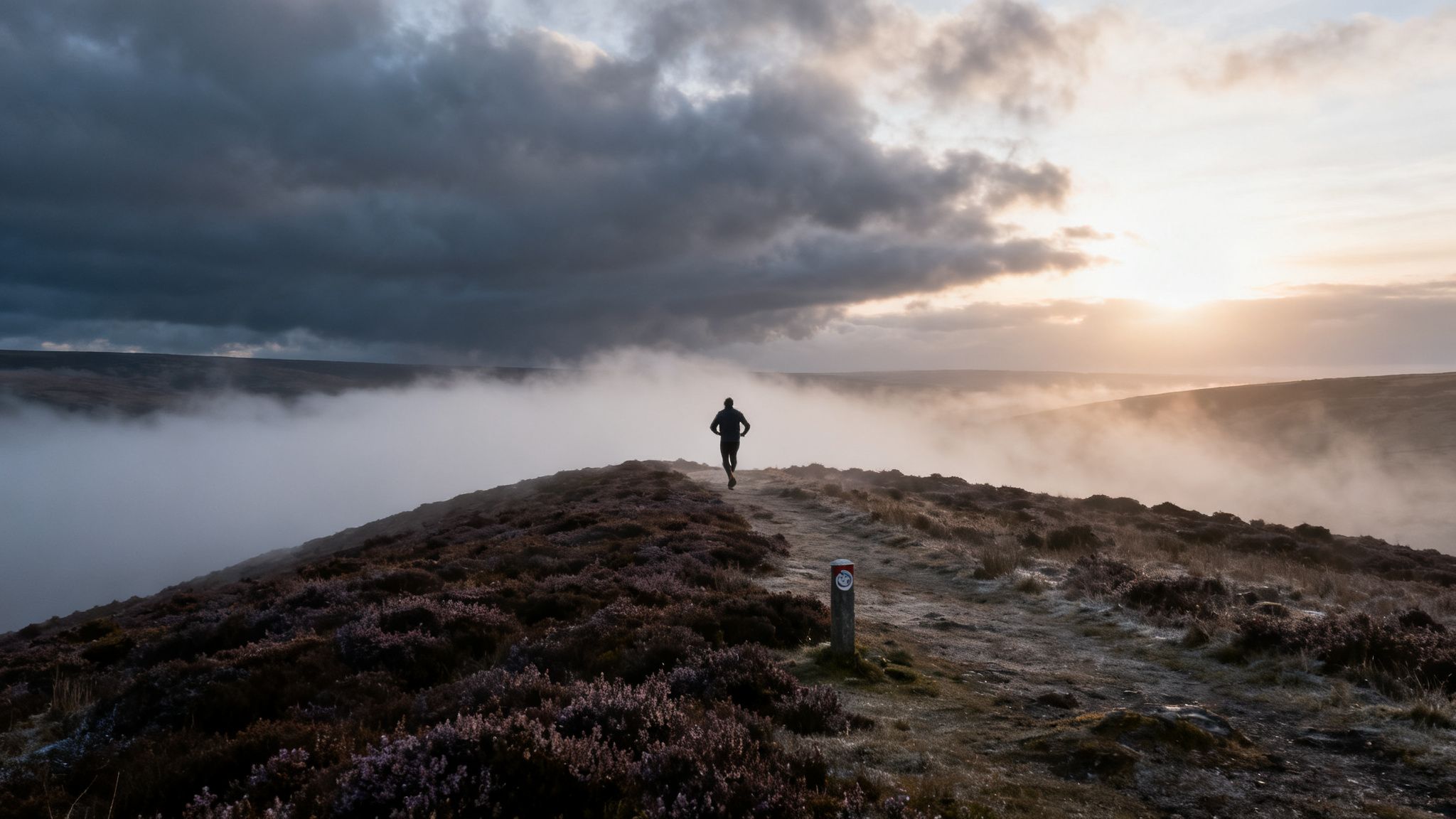 A lone runner on a misty mountain path at sunrise, with dark clouds and a trail marker.