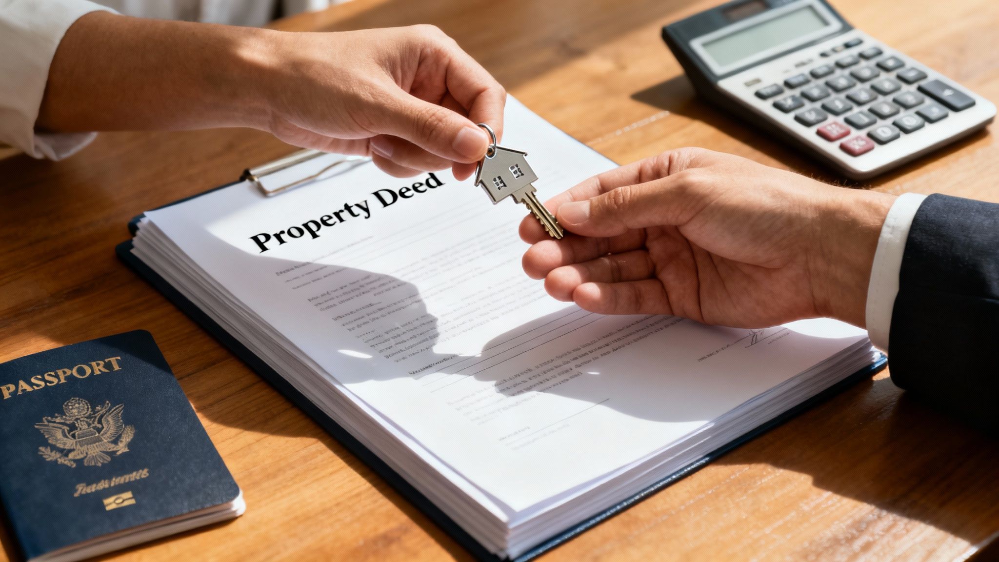 Two hands exchanging a house key over a property deed, symbolizing a real estate transaction.