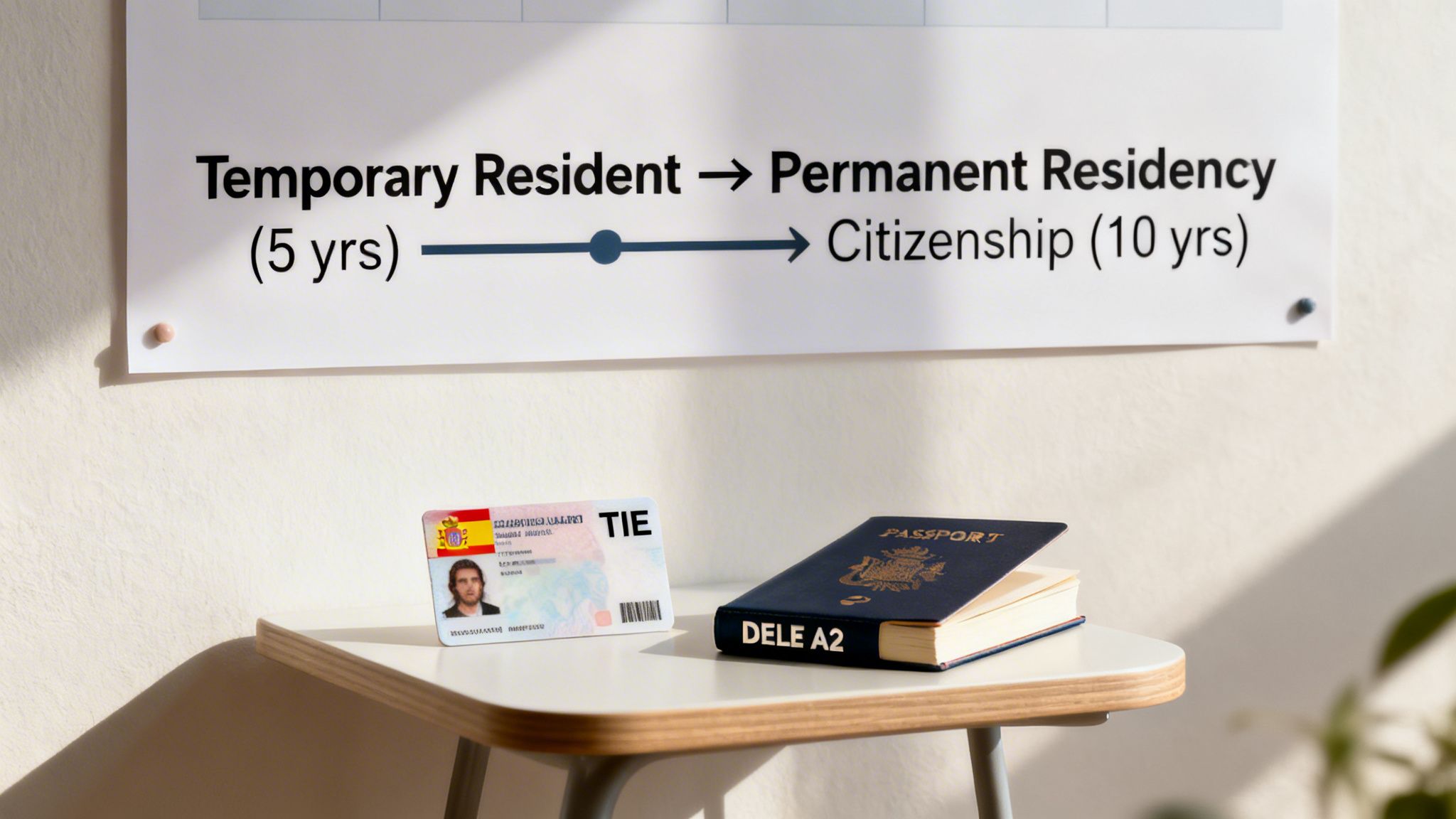 Chart illustrating the path to Spanish residency and citizenship, with TIE card and DELE A2 book.