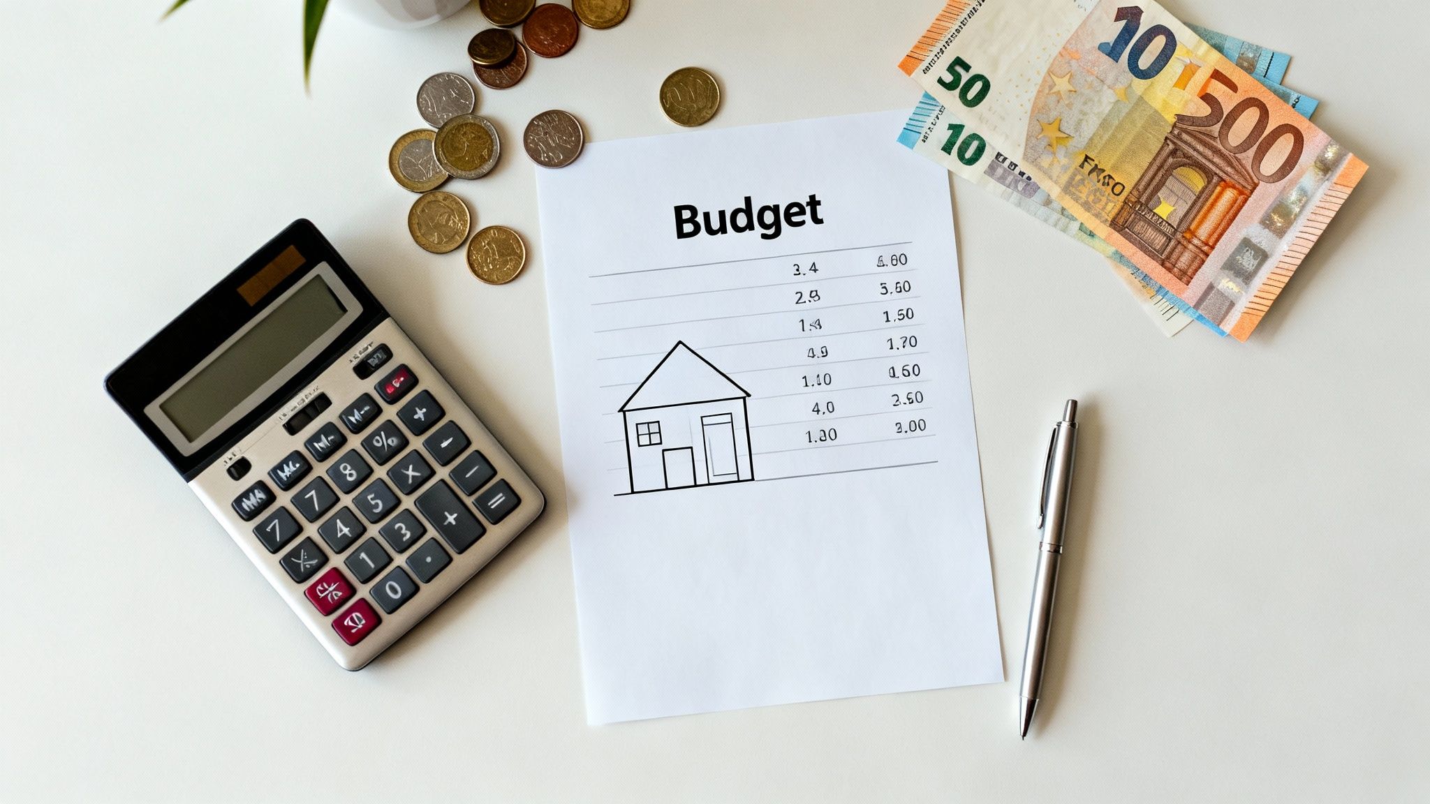 A flat lay shows a budget sheet with a house drawing, calculator, Euro money, and coins, representing home finance planning.