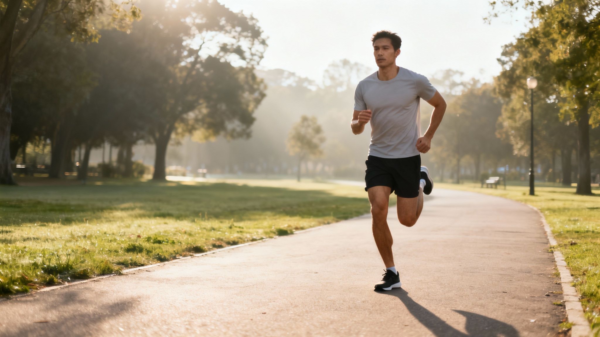 A young man is running on a paved path in a sunny park with trees.