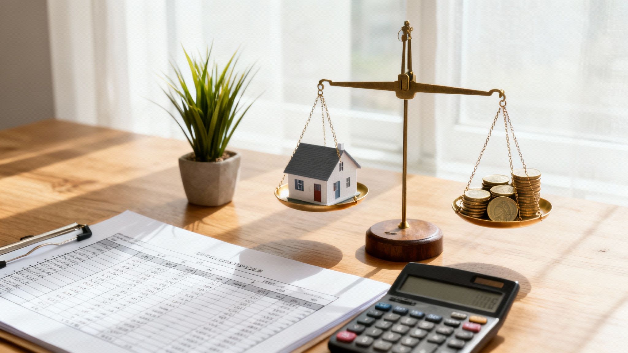A scale balances a miniature house and stacks of gold coins, symbolizing home value versus wealth, on a desk with financial documents and a calculator.