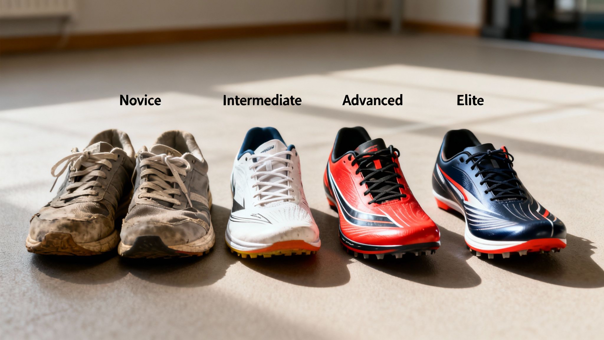 Four pairs of athletic shoes demonstrating a progression from dirty novice to clean elite models.