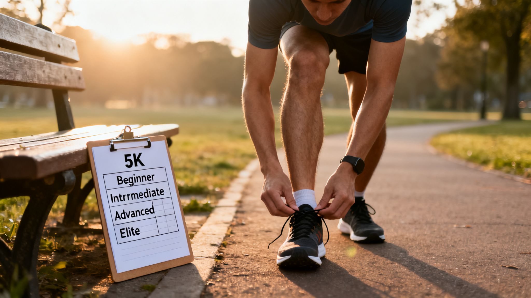 A runner ties their shoelaces on a park path at sunrise, next to a clipboard showing 5K training levels.