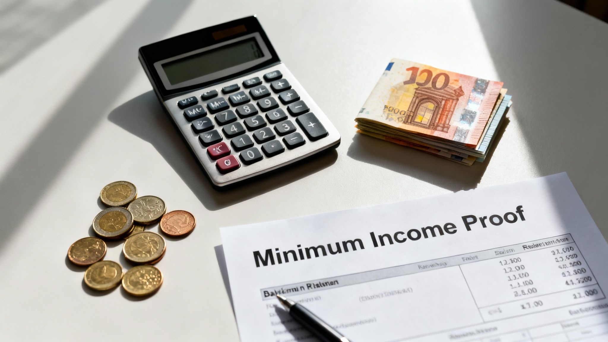 A calculator, stacked Euro banknotes, coins, and a 'Minimum Income Proof' document with a pen.