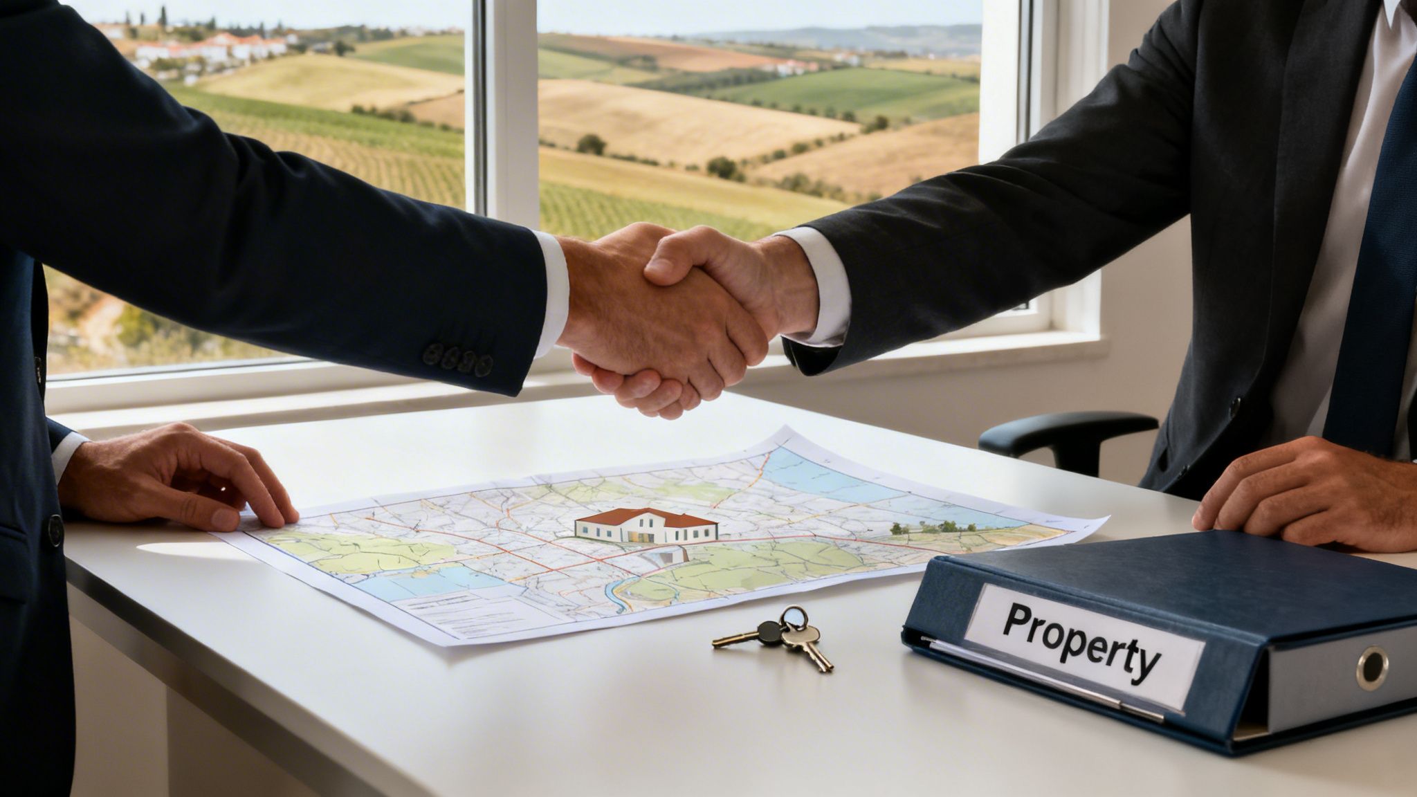 Two businessmen shaking hands over a map with a house model, keys, and a property binder.