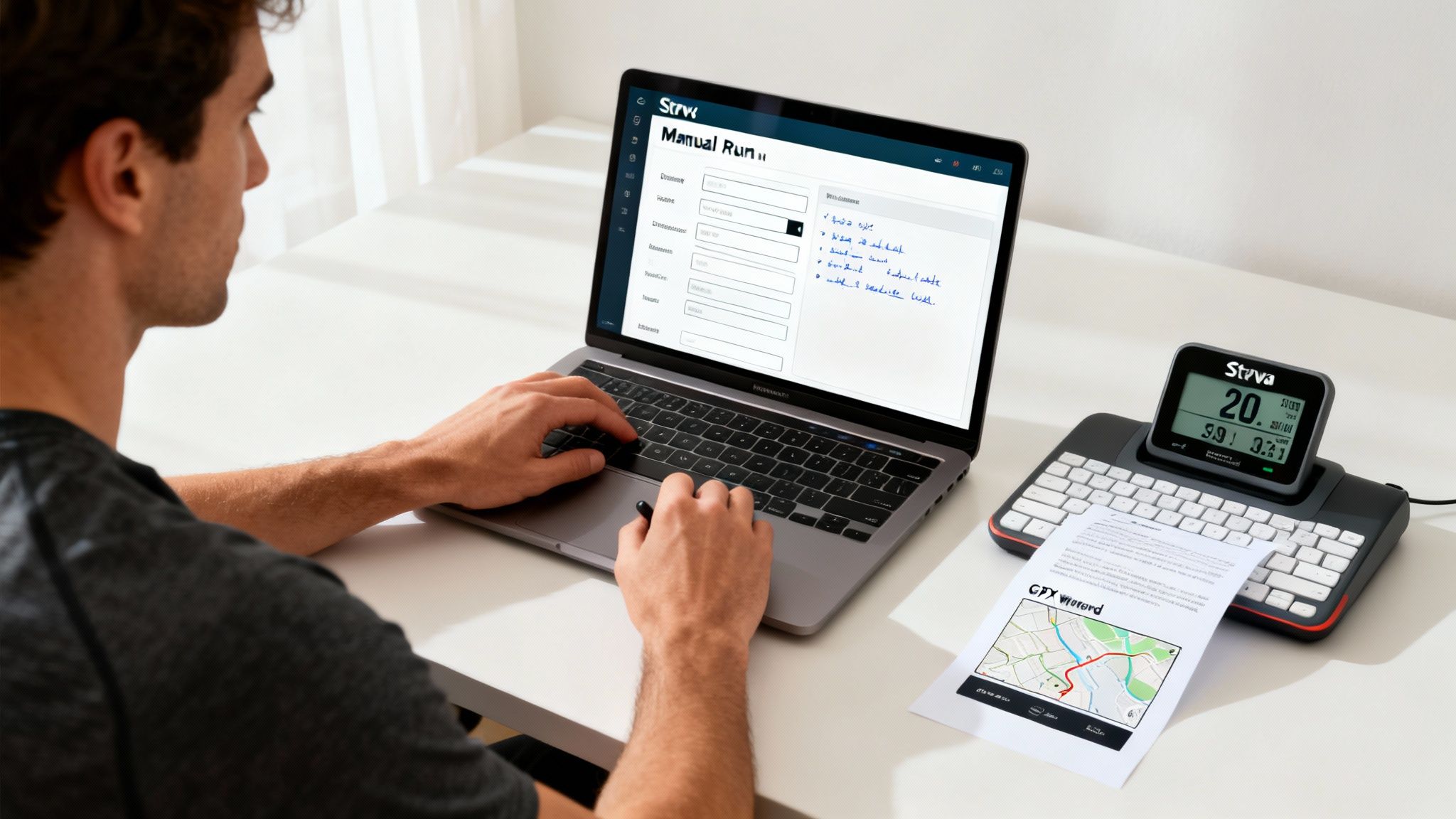 A man uses a laptop with a Strava 'Manual Run' interface next to a Strv treadmill console.