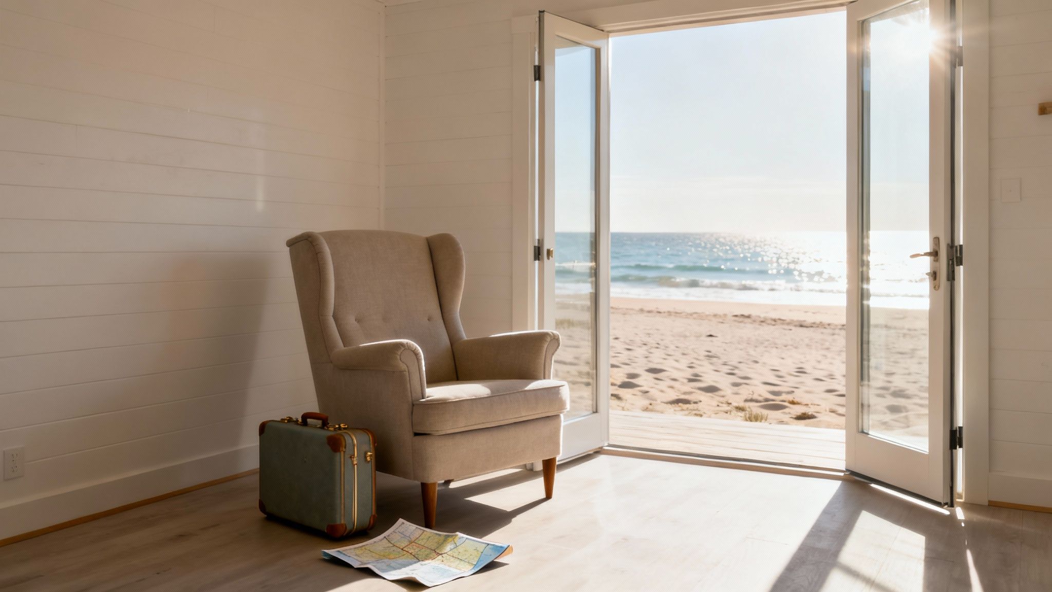 A serene lakeside cabin at dusk, reflecting in the calm water