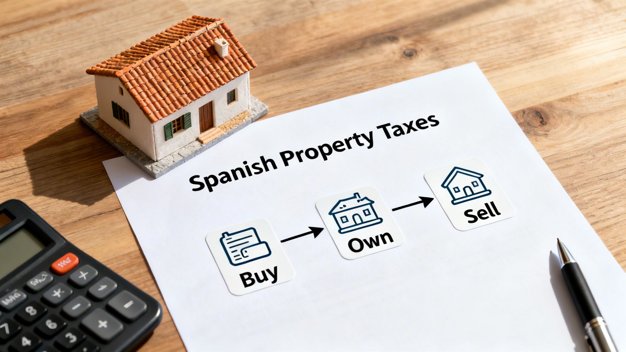 A diagram titled "Spanish Property Taxes" illustrates the process of buying, owning, and selling property with a miniature house and calculator.