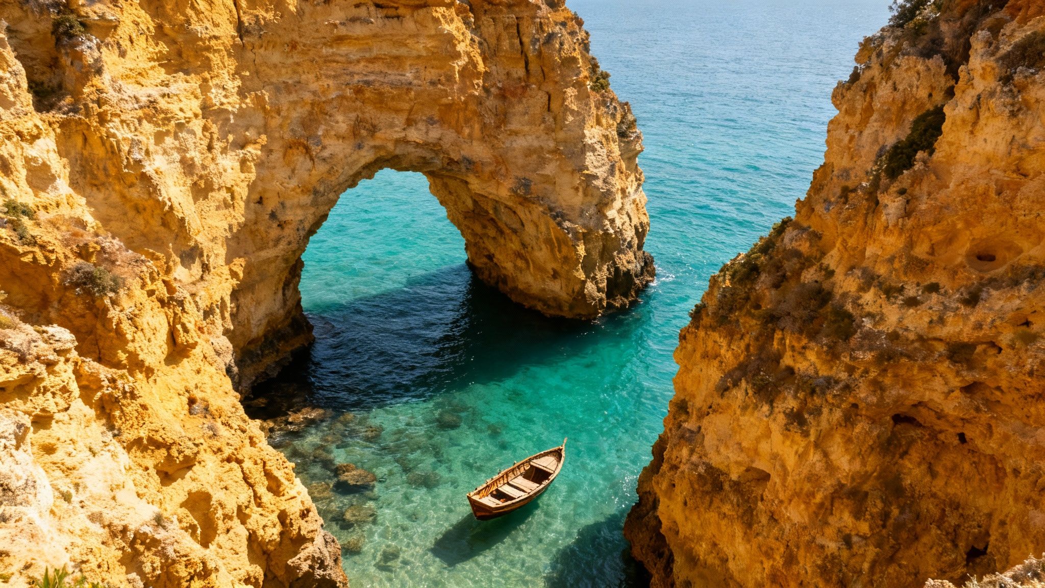 A stunning natural rock arch frames clear turquoise waters with a small wooden boat below.