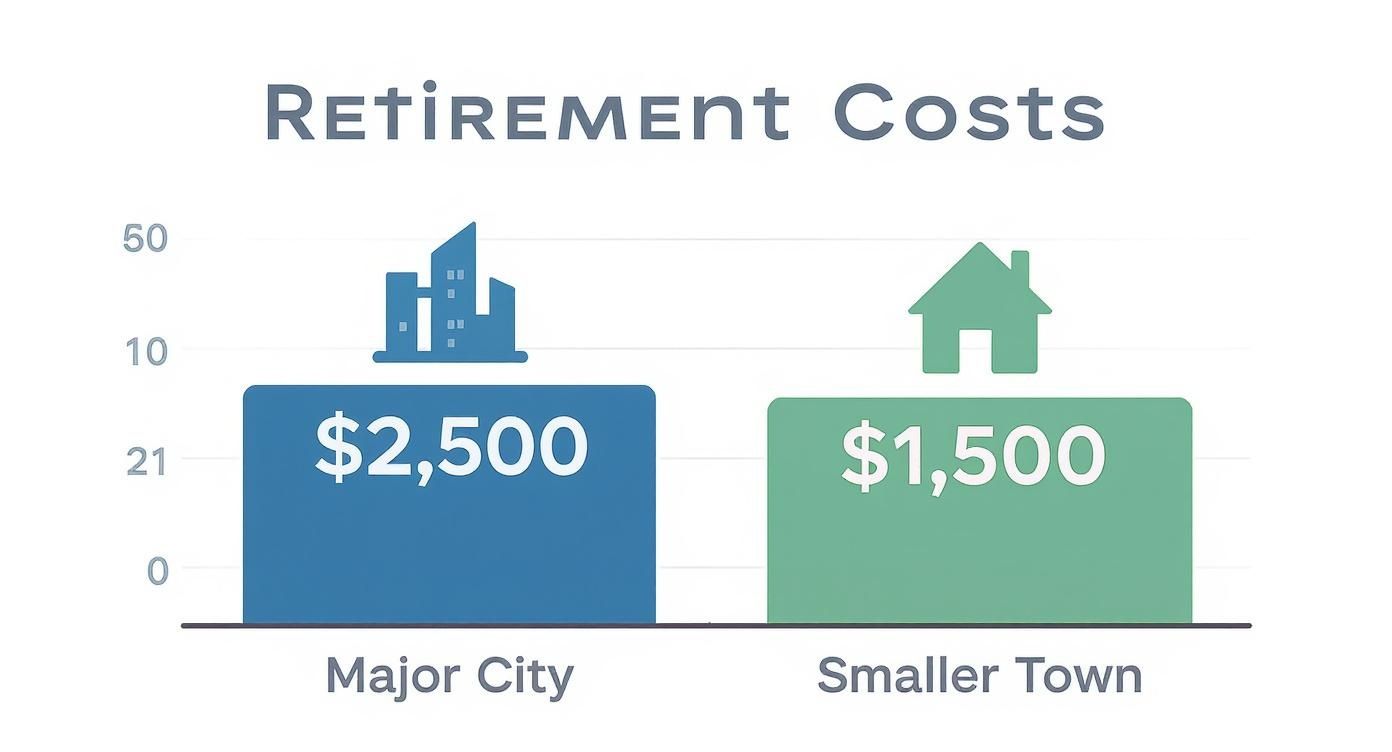 Bar chart comparing monthly retirement costs: $2,500 in a major city vs $1,500 in a smaller town.