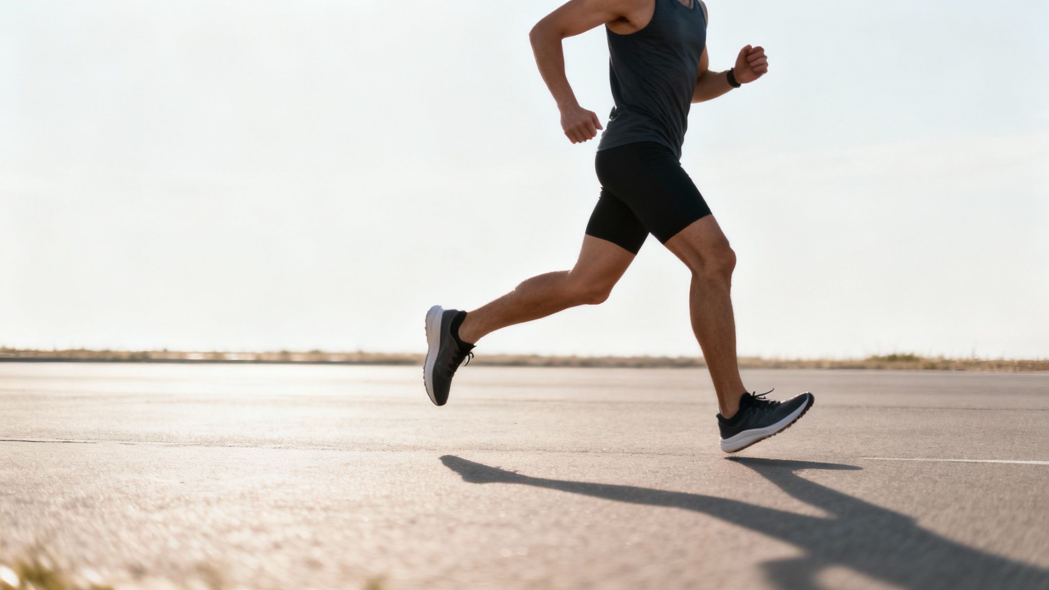 Side profile of a male runner mid-stride on a paved road, casting a long shadow.