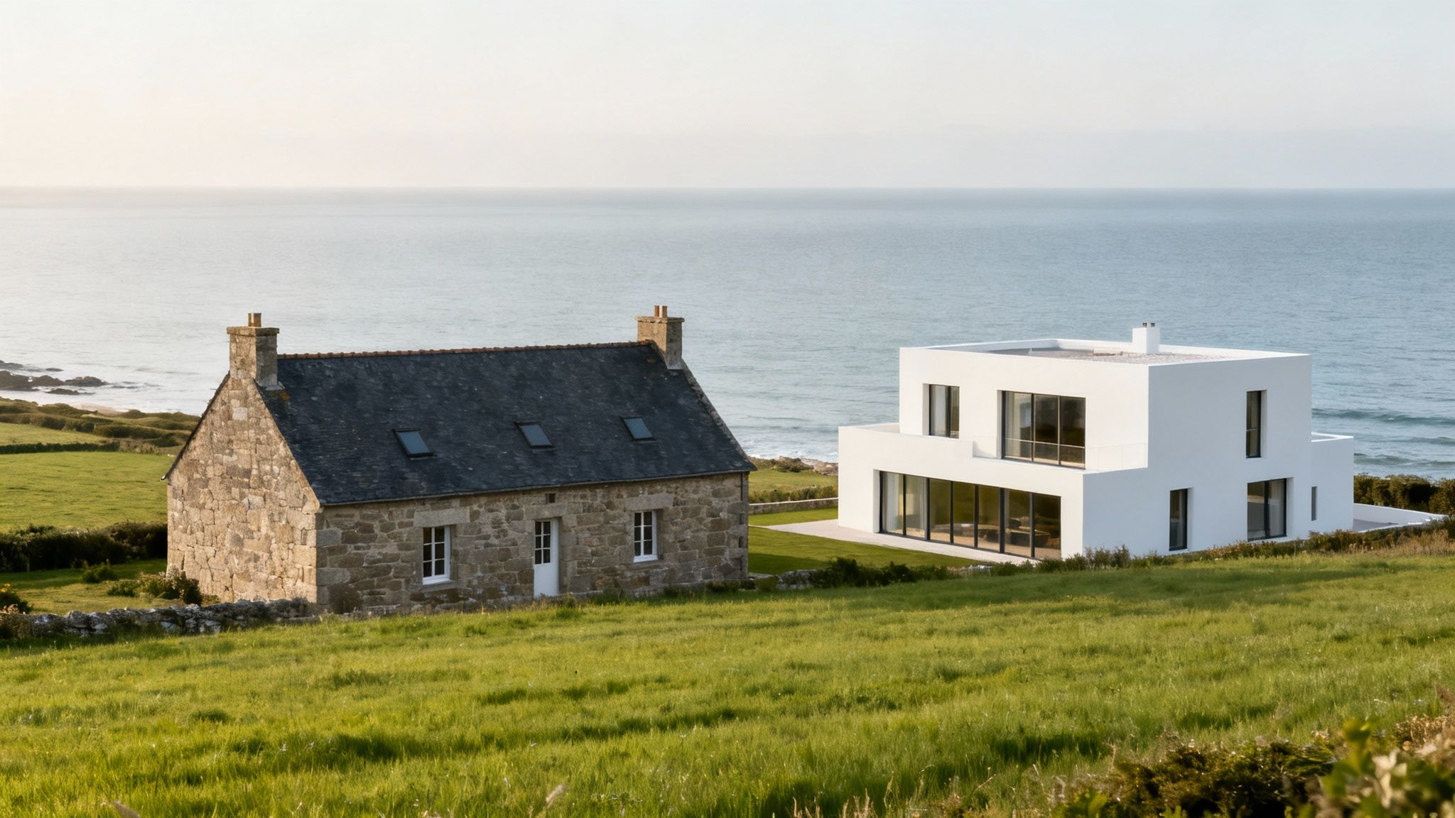 Two houses, one old stone and one modern white, on a green hill overlooking the ocean.