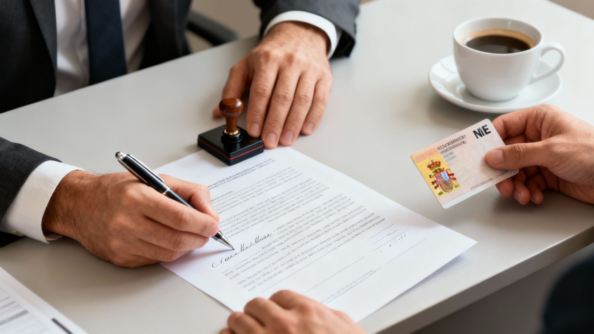 Two people at a desk, one signing a document while another holds a Spanish NIE card.