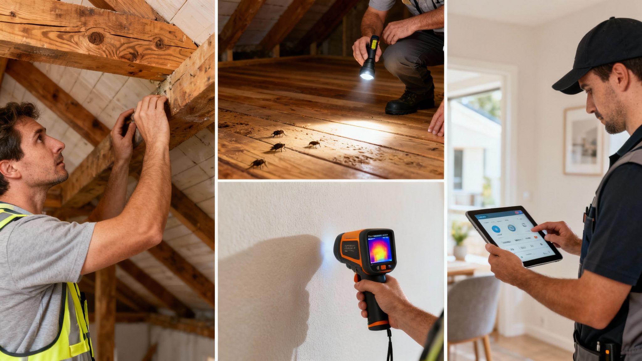 Professional home inspectors performing various tasks like pest detection, thermal scanning, and digital report generation.