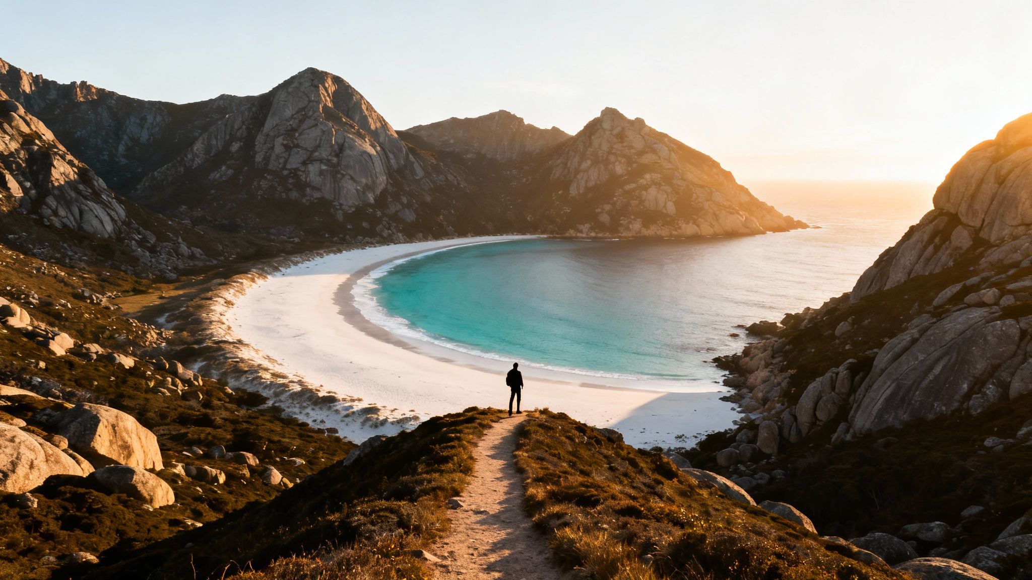 A person on a hilltop path overlooking a pristine white sand beach, turquoise bay, and rocky mountains at sunset.