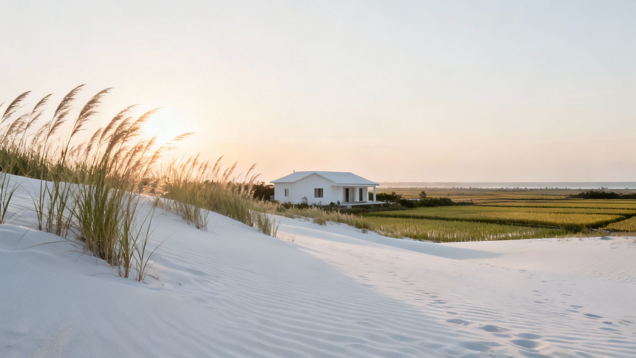 Serene coastal landscape with white sand dunes, a modern house, green fields, and ocean under soft light.
