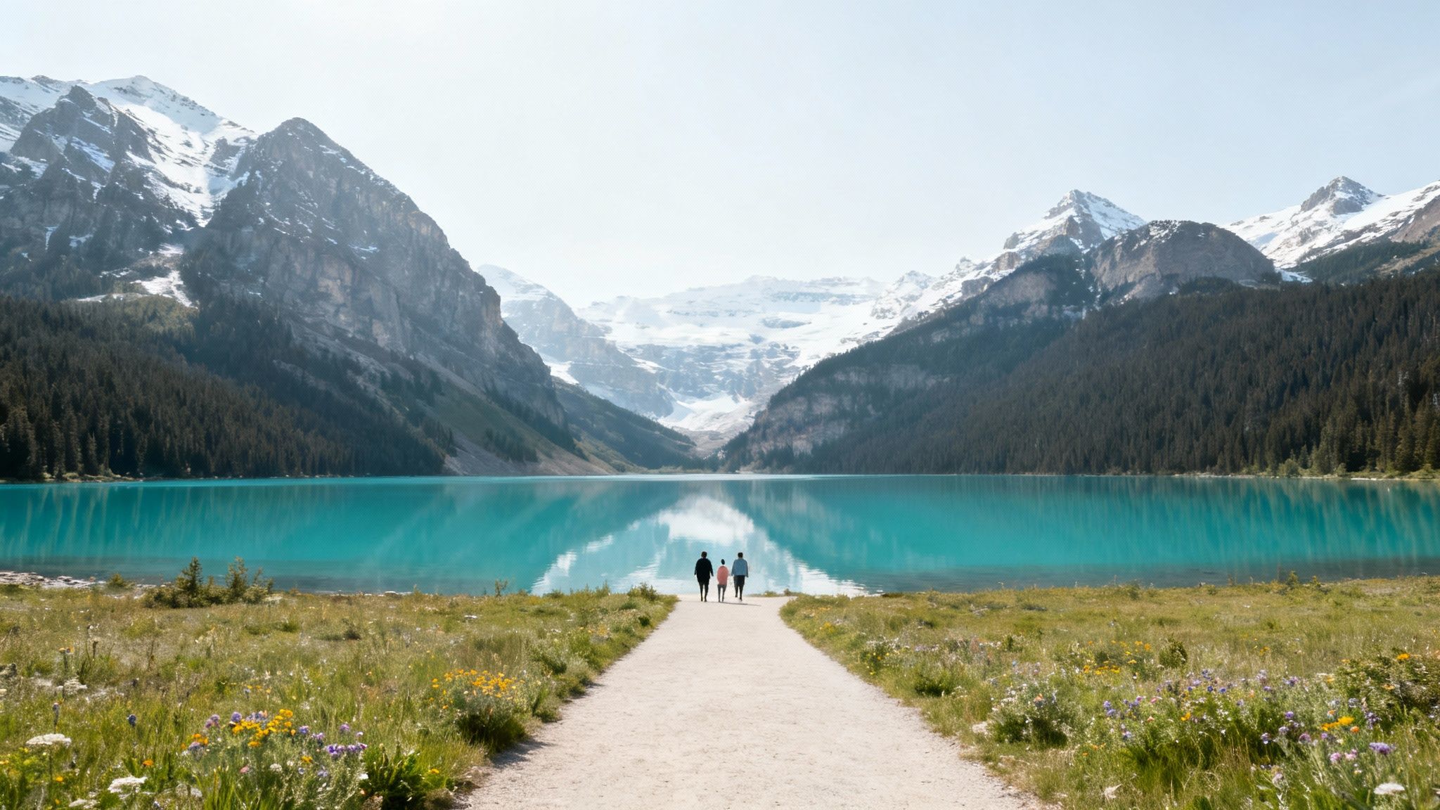 Three people walk on a path towards a vibrant turquoise lake surrounded by majestic snow-capped mountains.
