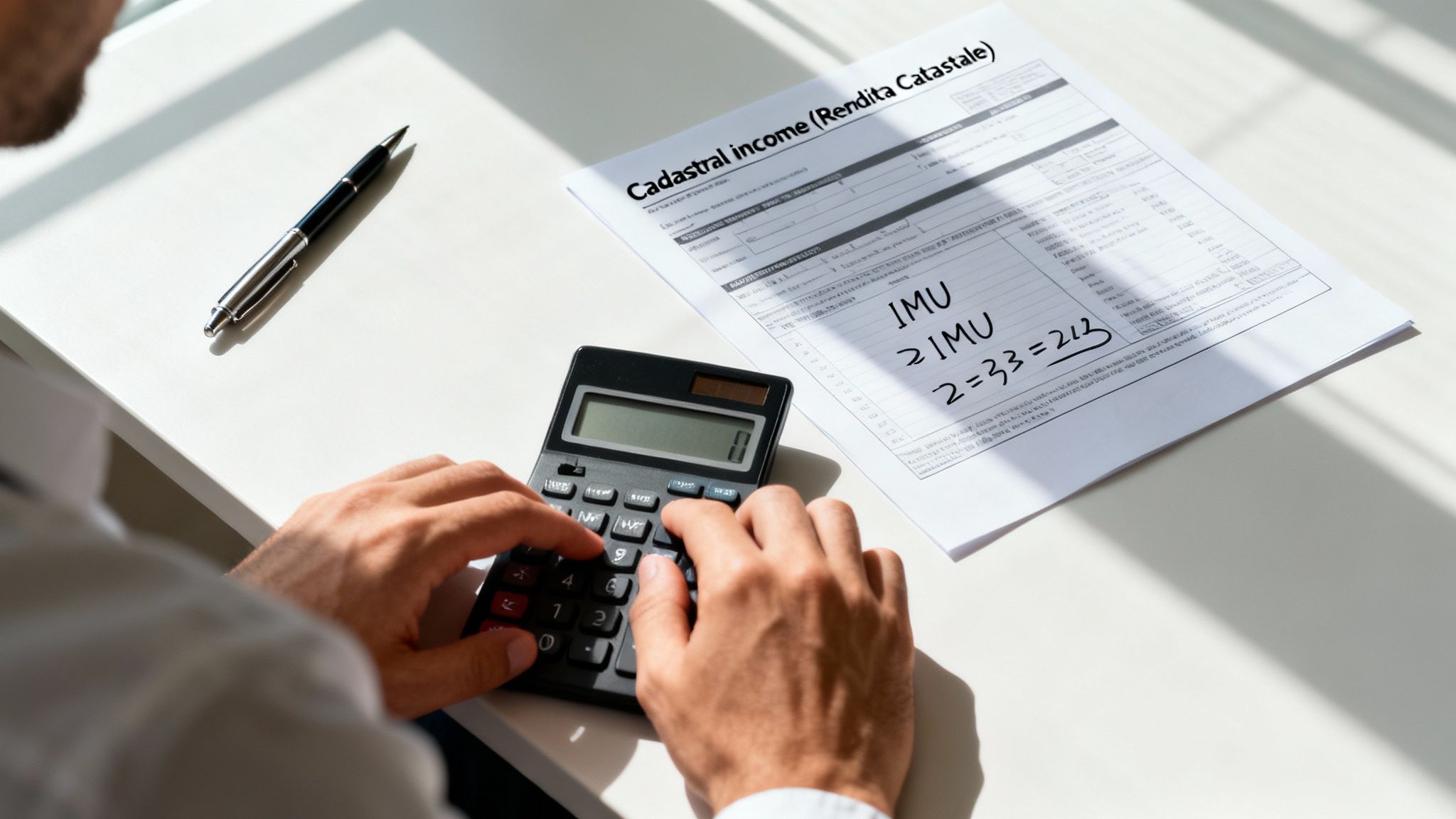 Man calculating property taxes using a calculator and an Italian Cadastral income form.