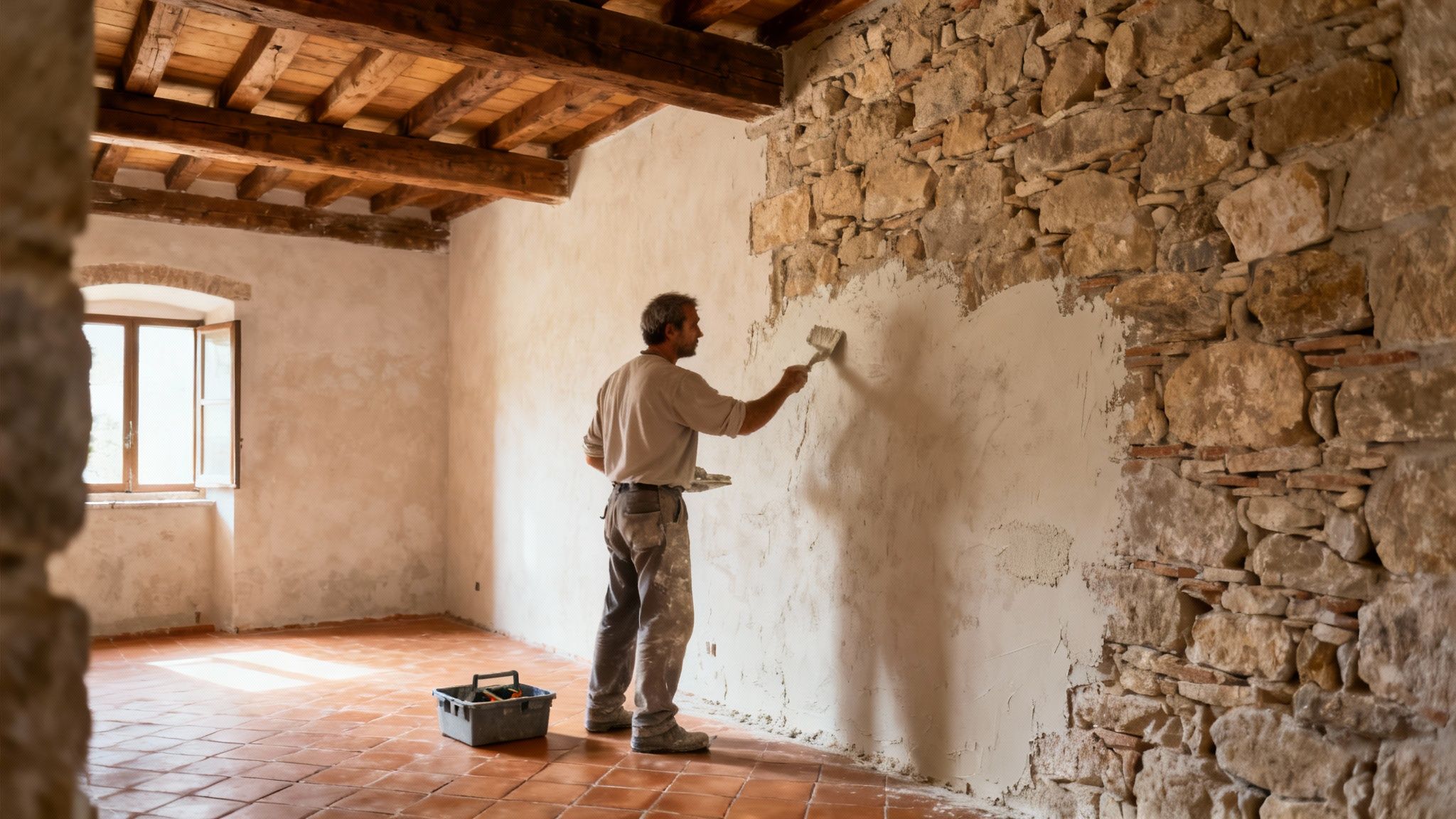 Worker plastering an old stone wall in a rustic room with wooden ceiling beams.