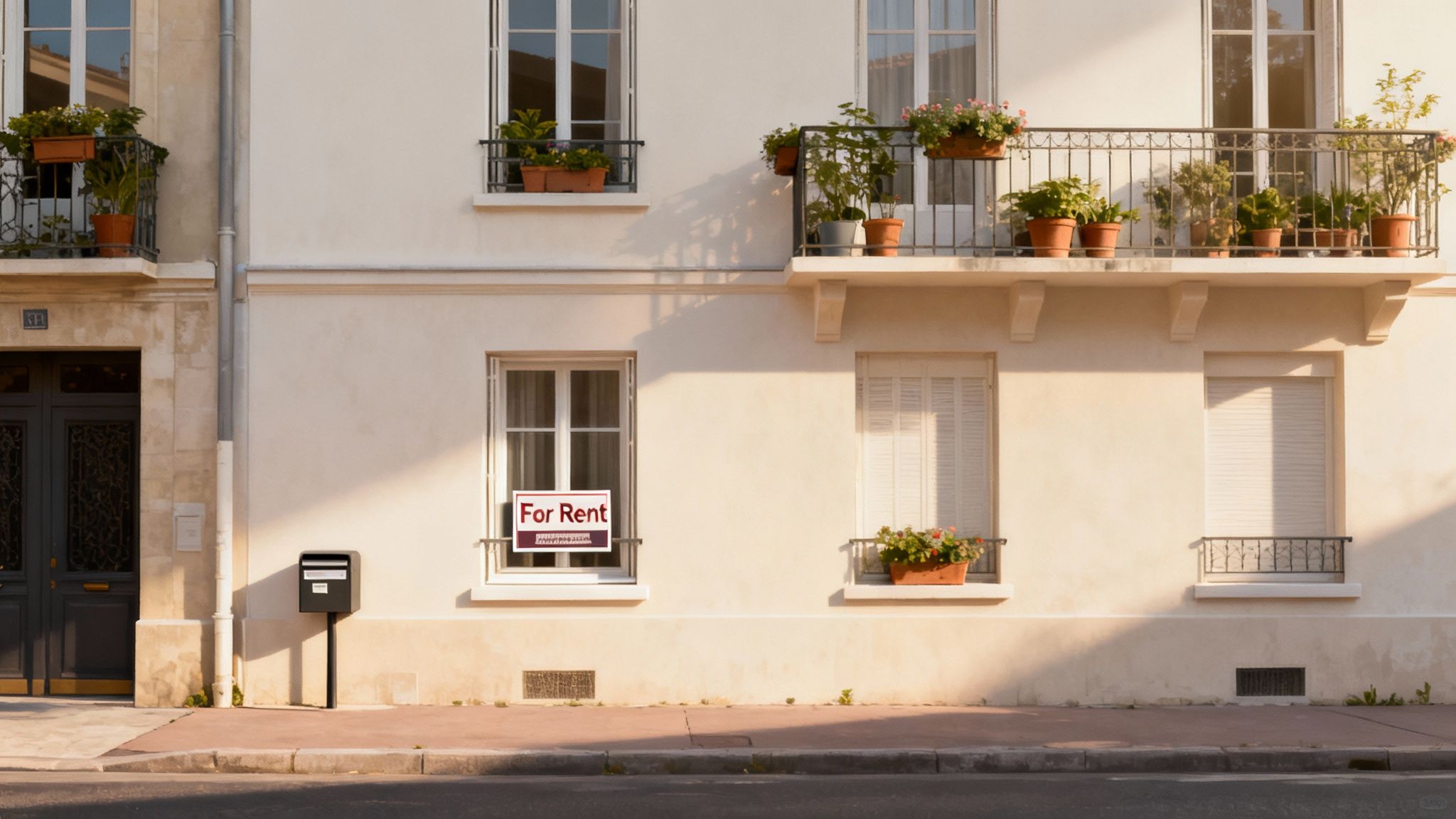 Facade of a multi-story building with a 'For Rent' sign in a lower window, street view.