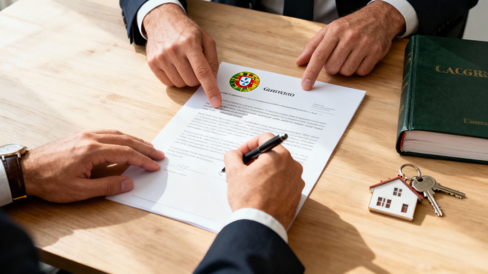 Two men signing a Portuguese real estate document with house keys on a wooden table.