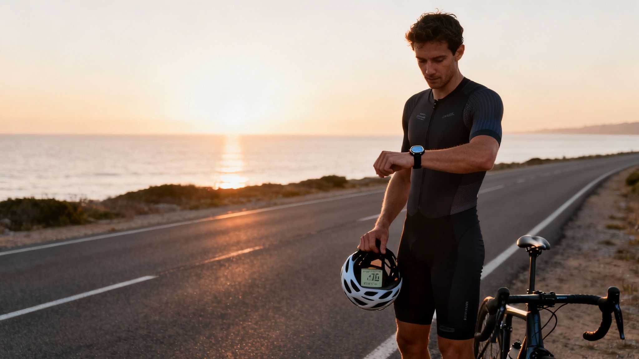 Male triathlete checking his smartwatch on a coastal road with his bike at sunset.