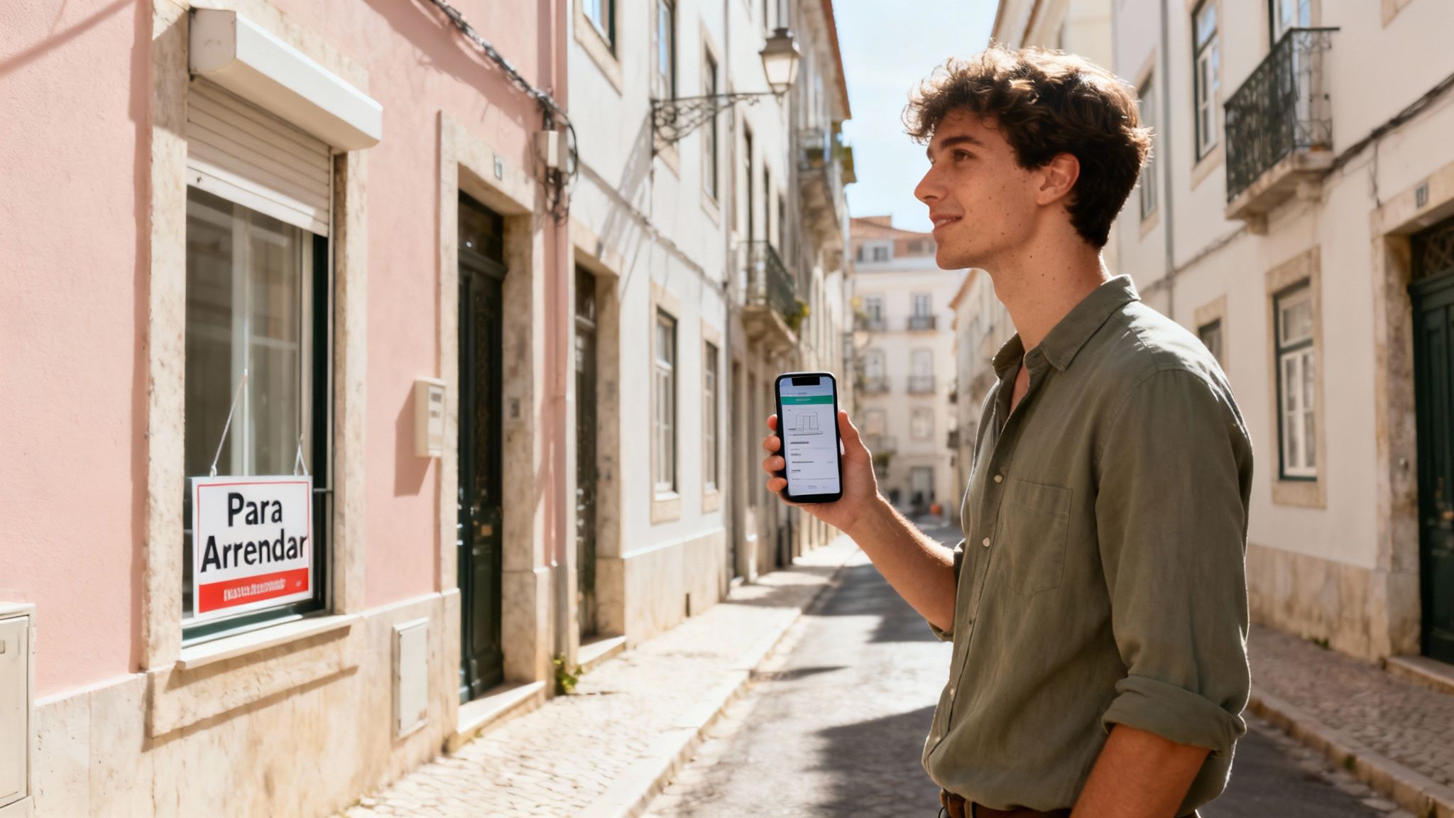 A scenic view of a Portuguese street with colorful buildings and a tram, representing the rental market in Portugal.