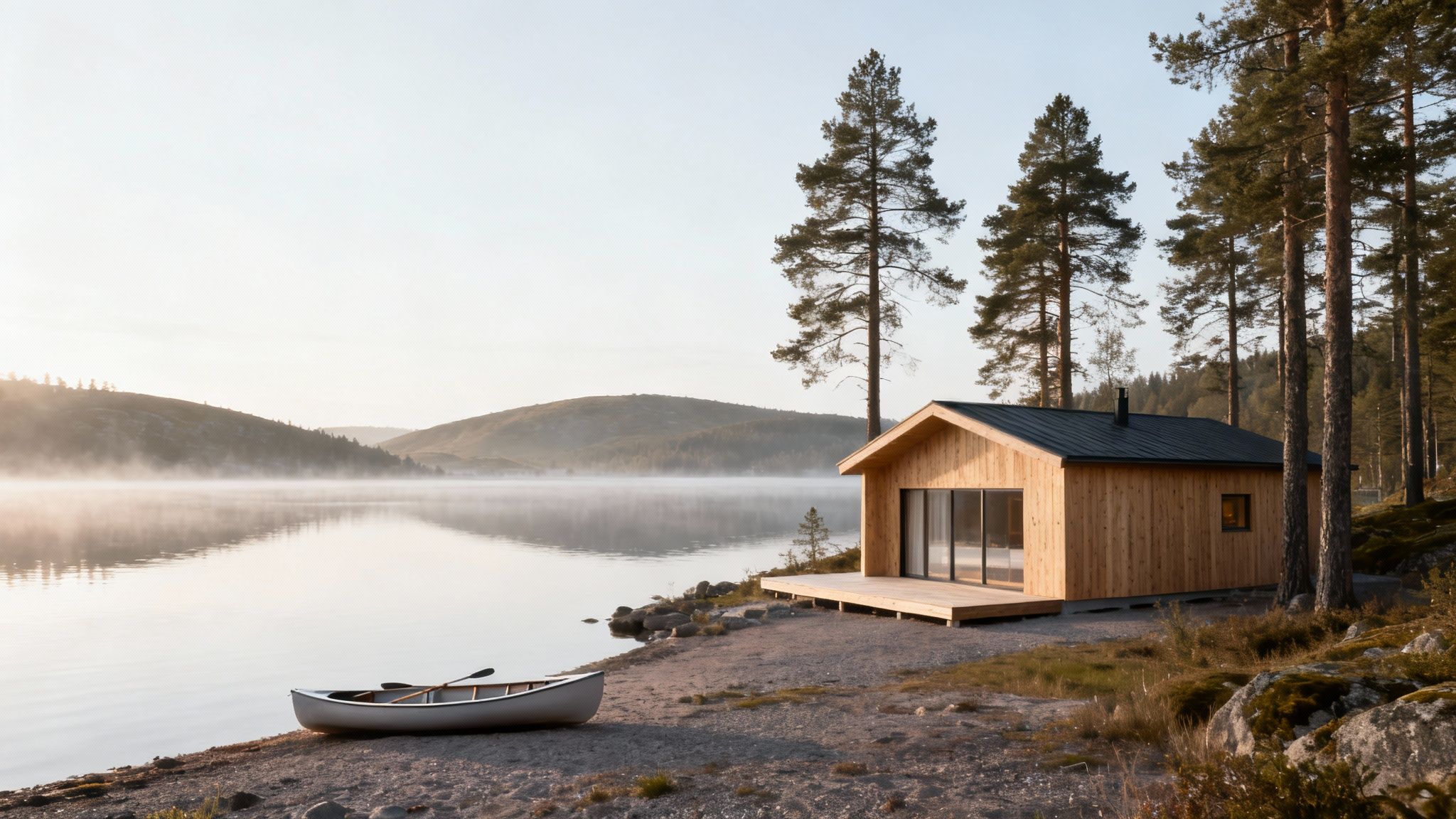 A rustic wooden cabin sits on a misty lake shore with a canoe and pine trees.