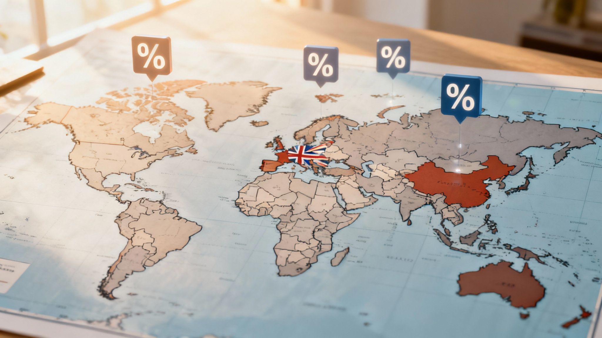 A world map made of different currencies, illustrating global property transfer tax rates.