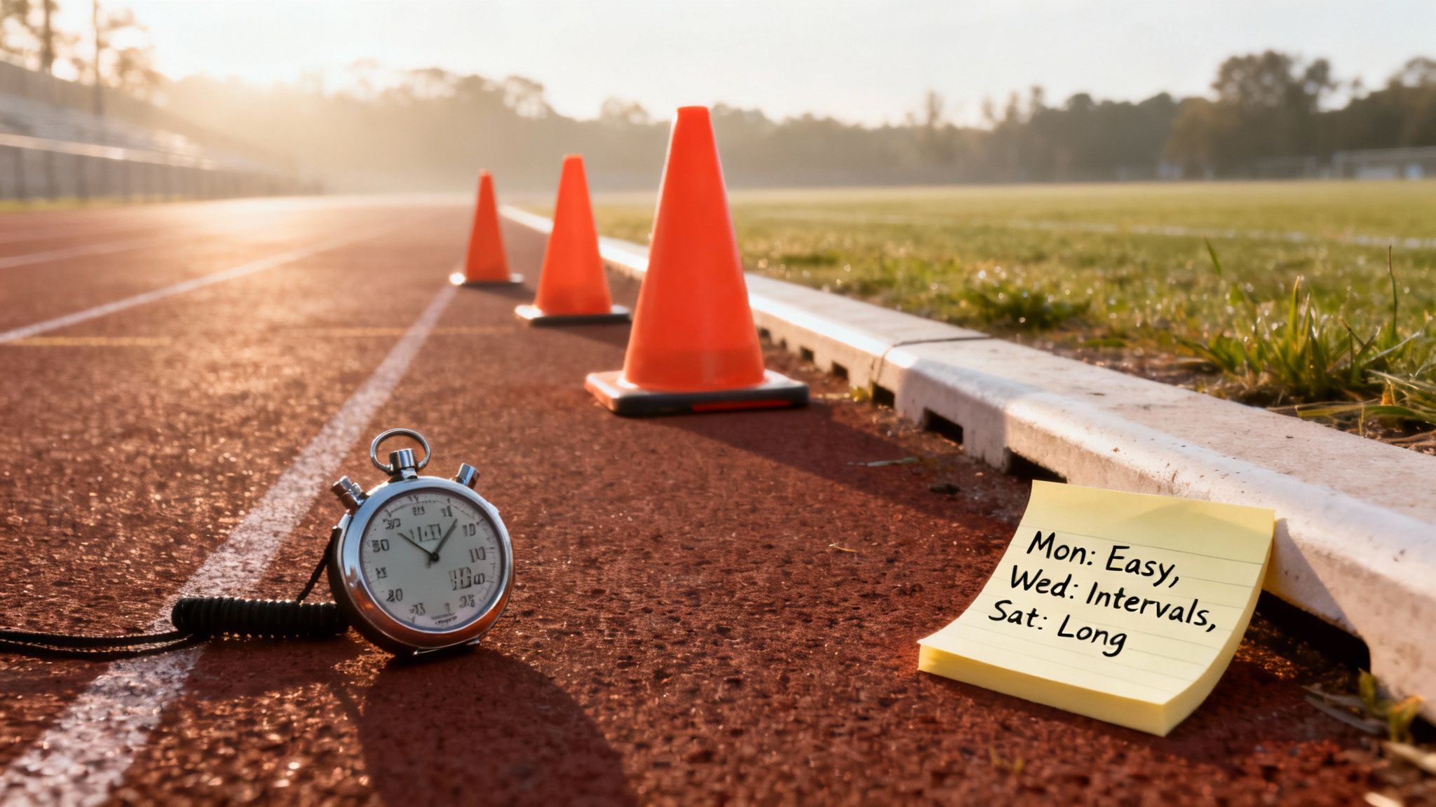 A stopwatch, orange cones, and a sticky note with a running schedule on a track at sunrise.