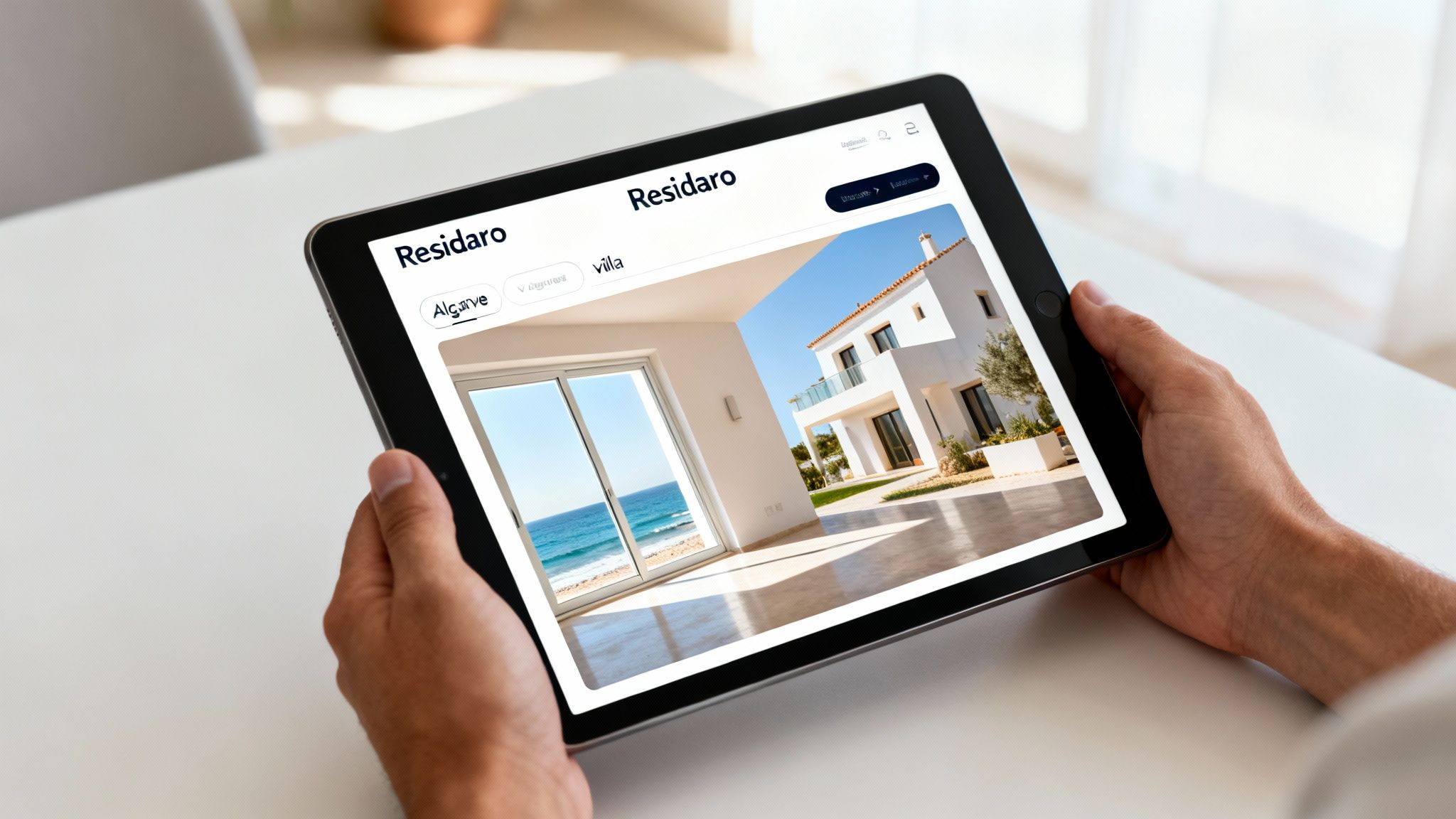 Hands hold a tablet displaying a real estate site with a modern villa and ocean view in Algarve.