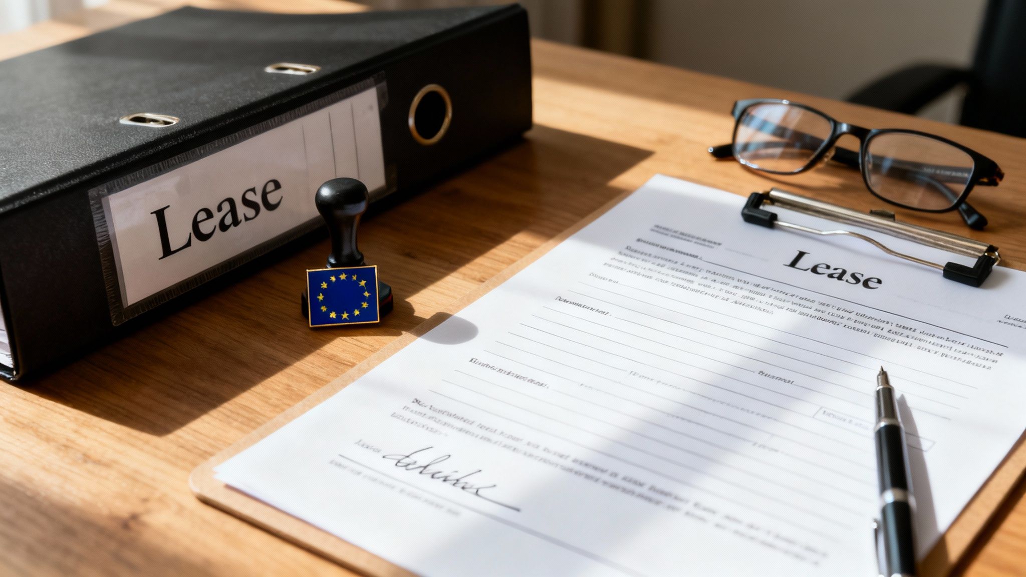 Lease documents and an EU flag stamp on a wooden desk, symbolizing European contracts.