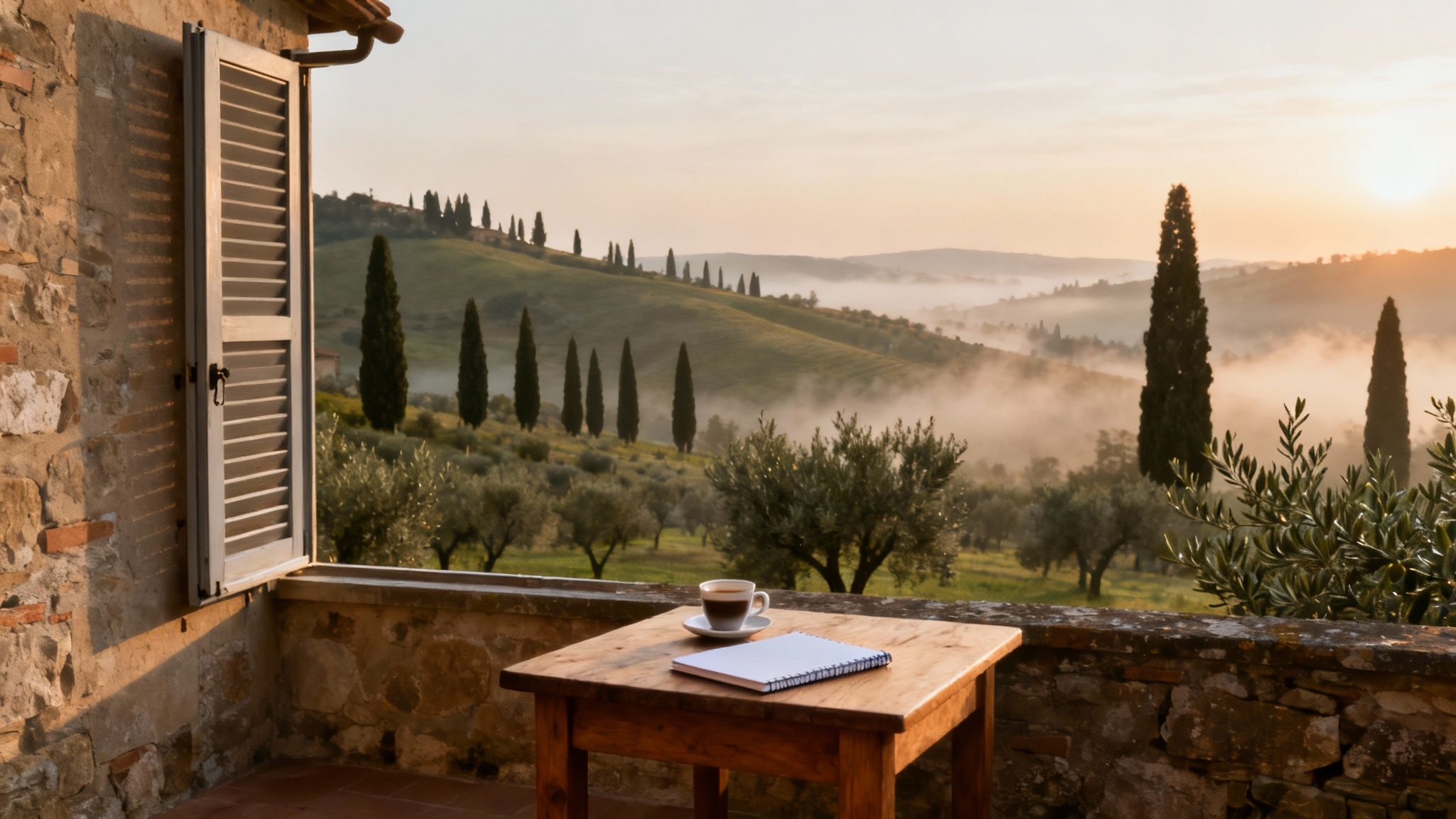 Rustic Tuscan villa terrace overlooking misty rolling hills with cypress trees at sunrise
