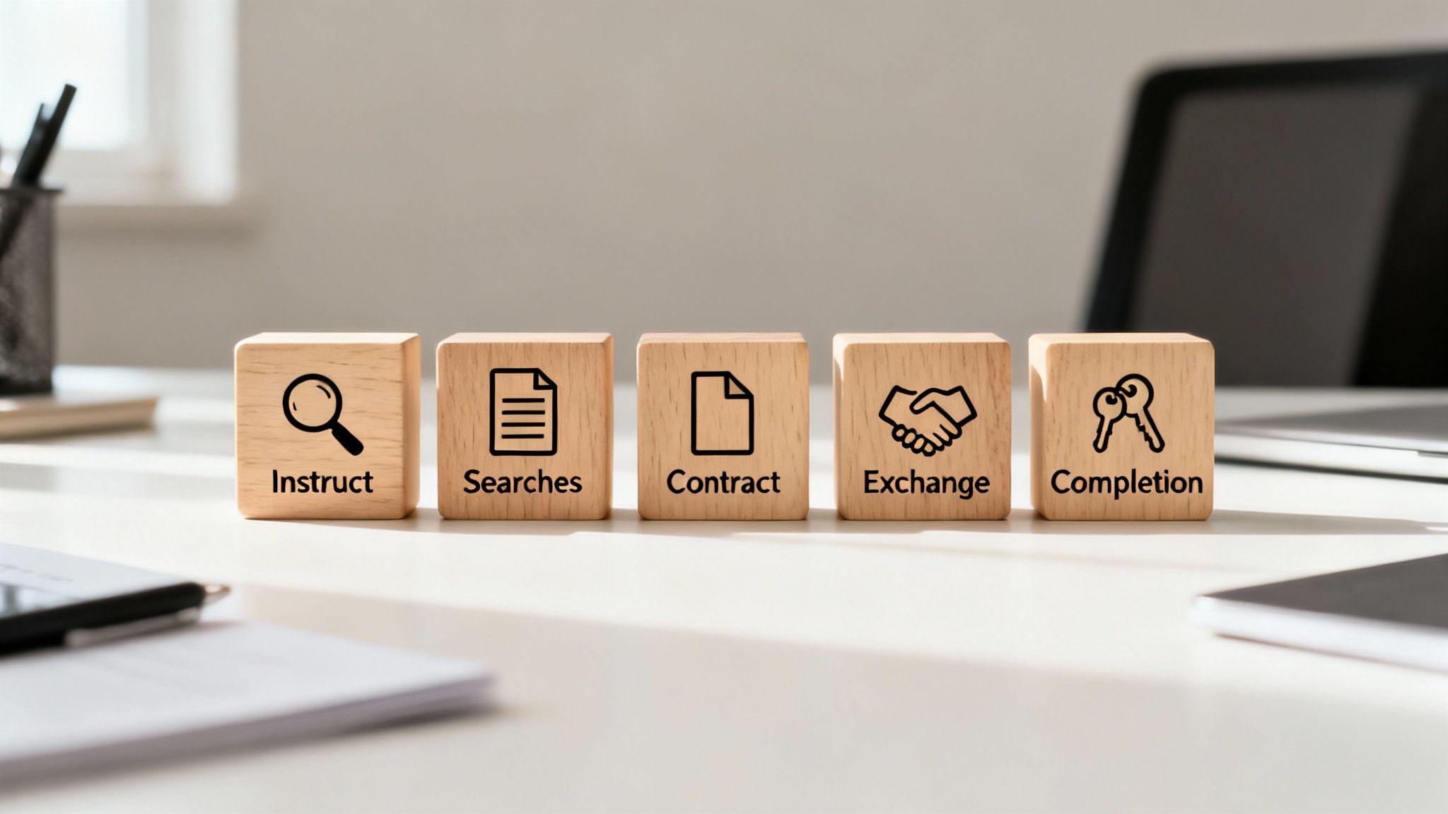 Five wooden blocks showing the steps of the property conveyancing process: instruct, searches, contract, exchange, completion.