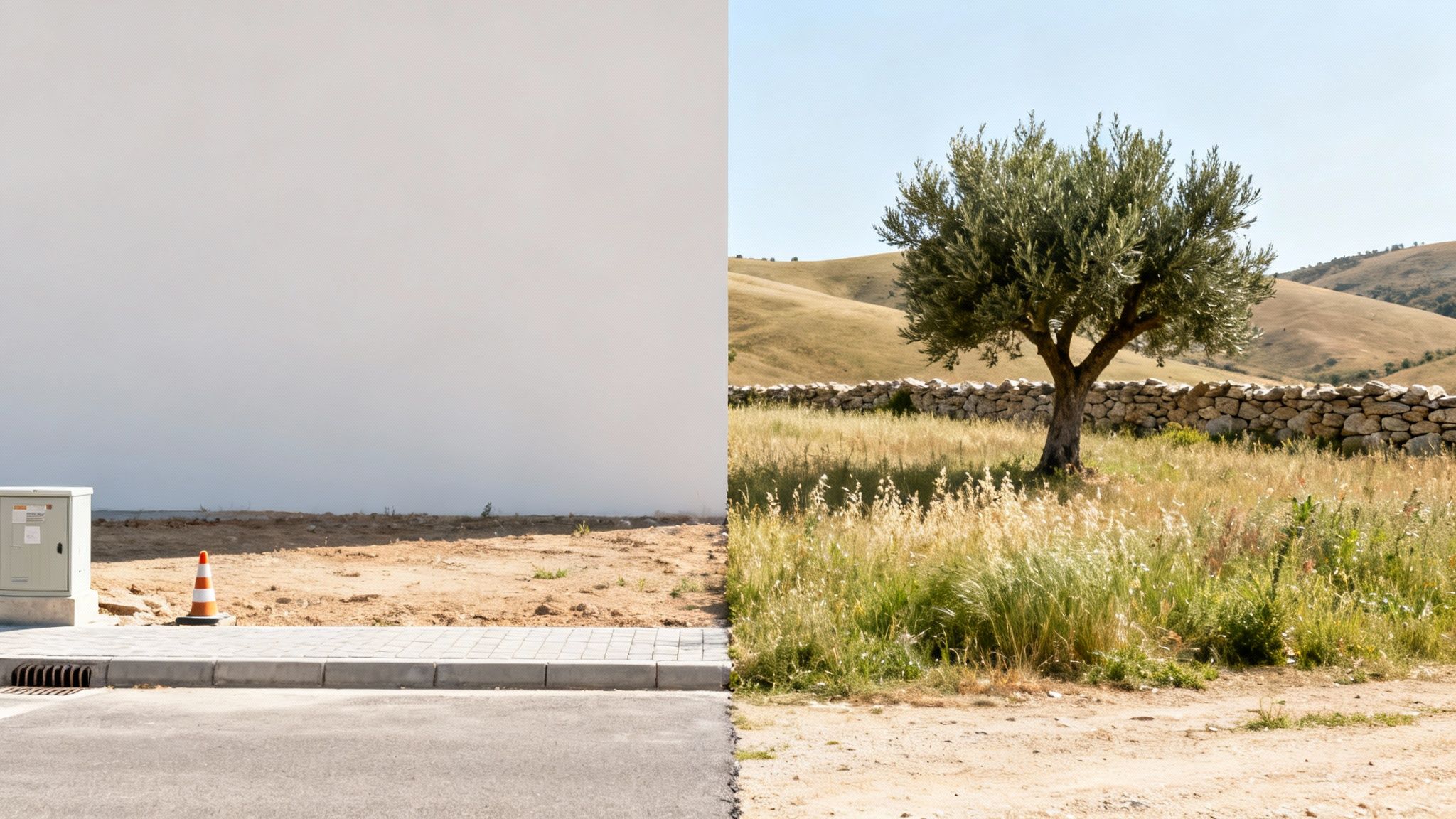 A split image contrasting a barren construction site with a white wall and a natural landscape featuring an olive tree and rolling hills.