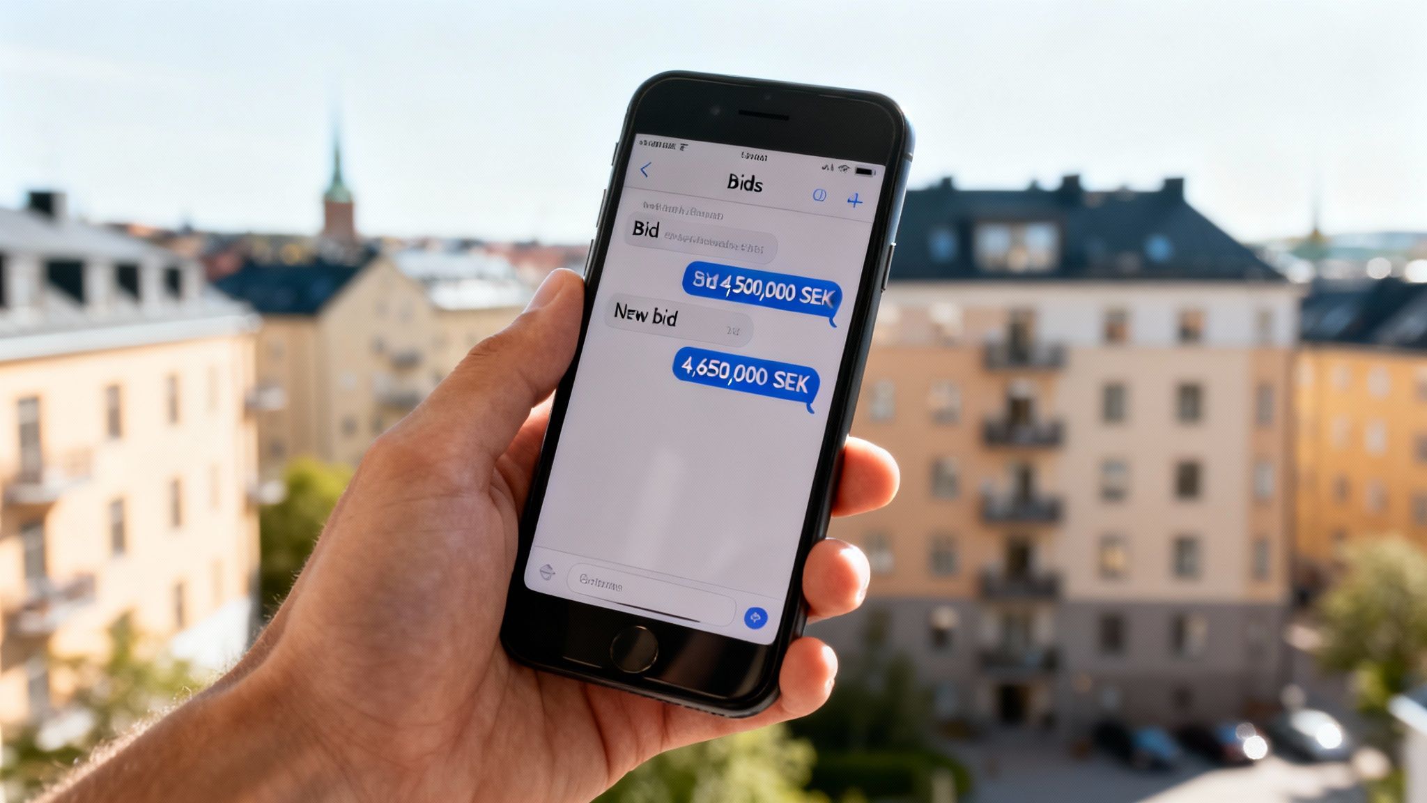 Close-up of a hand holding a smartphone displaying an online bidding app for 4,650,000 SEK.