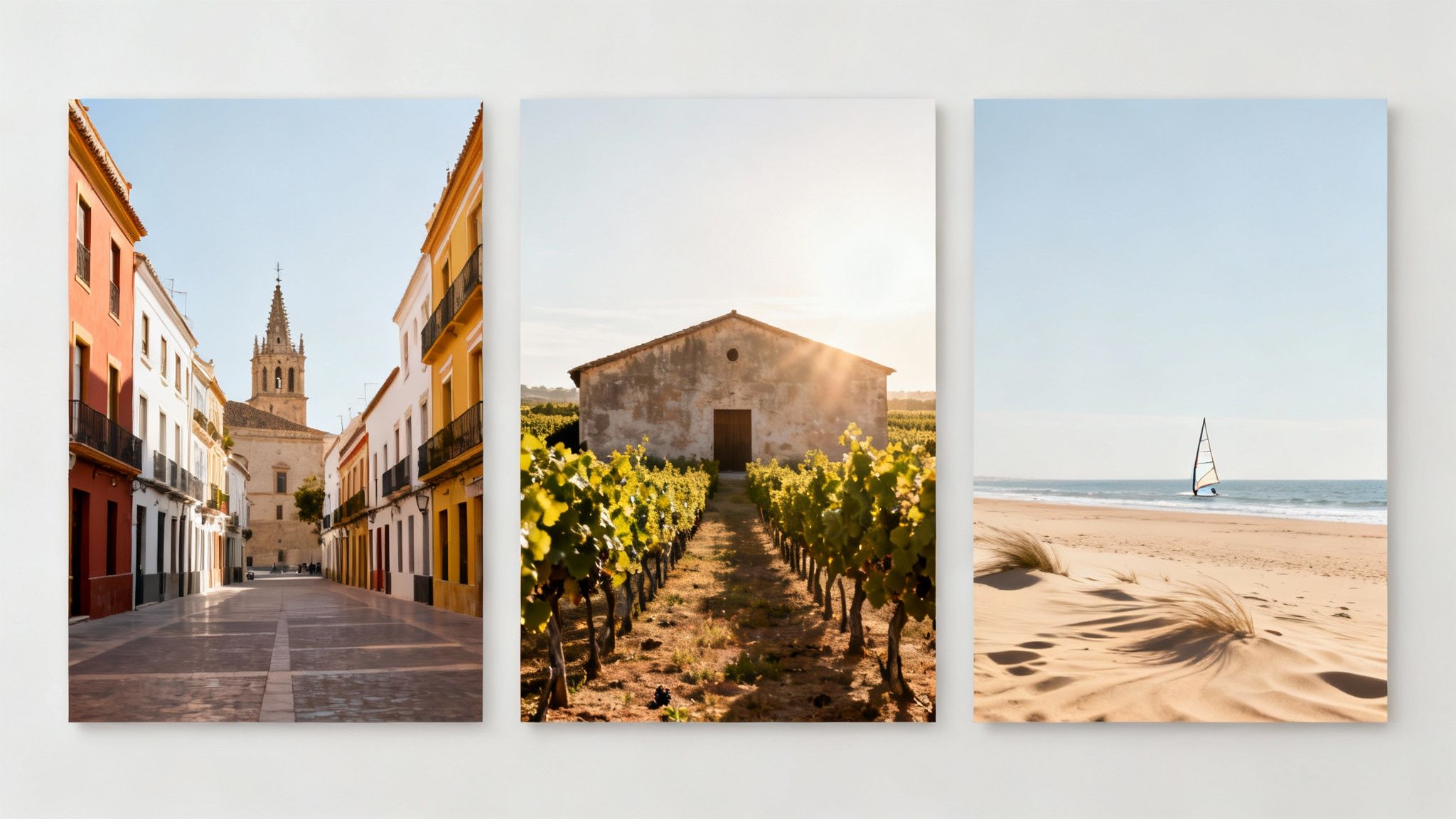 Three images showing a colorful Spanish street, a sunny vineyard, and a serene beach with a windsurfer.