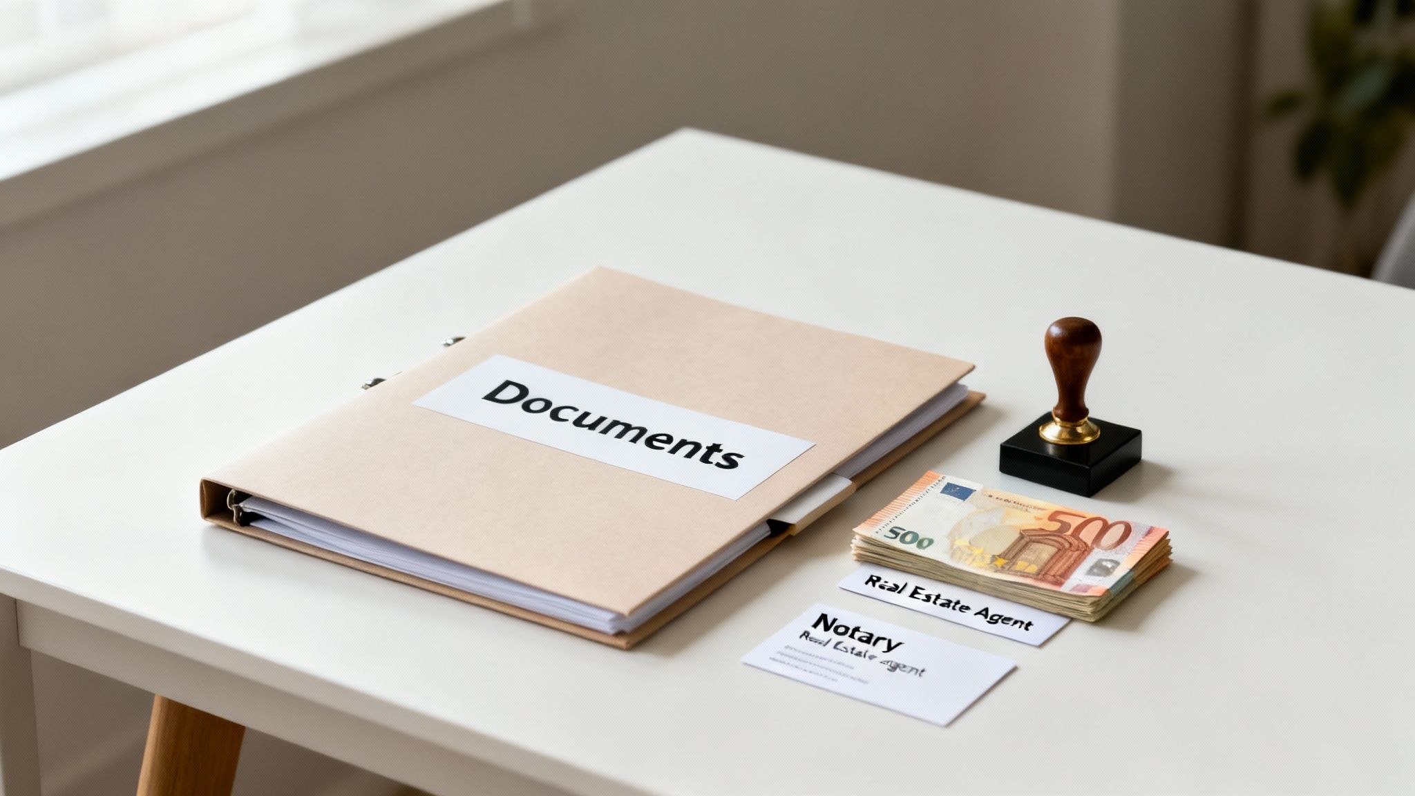 Real estate transaction setup with a documents binder, cash, a stamp, and agent business cards.