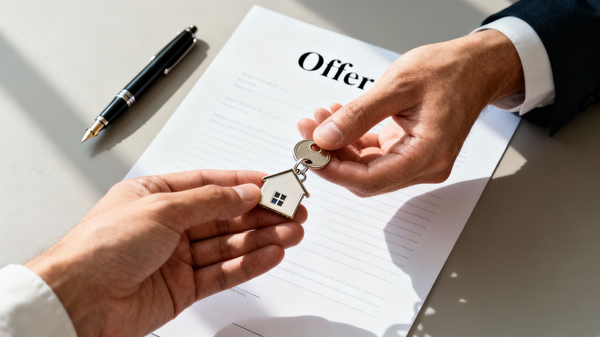 Two hands exchanging a house key over an 'Offer' document, symbolizing a property transaction.