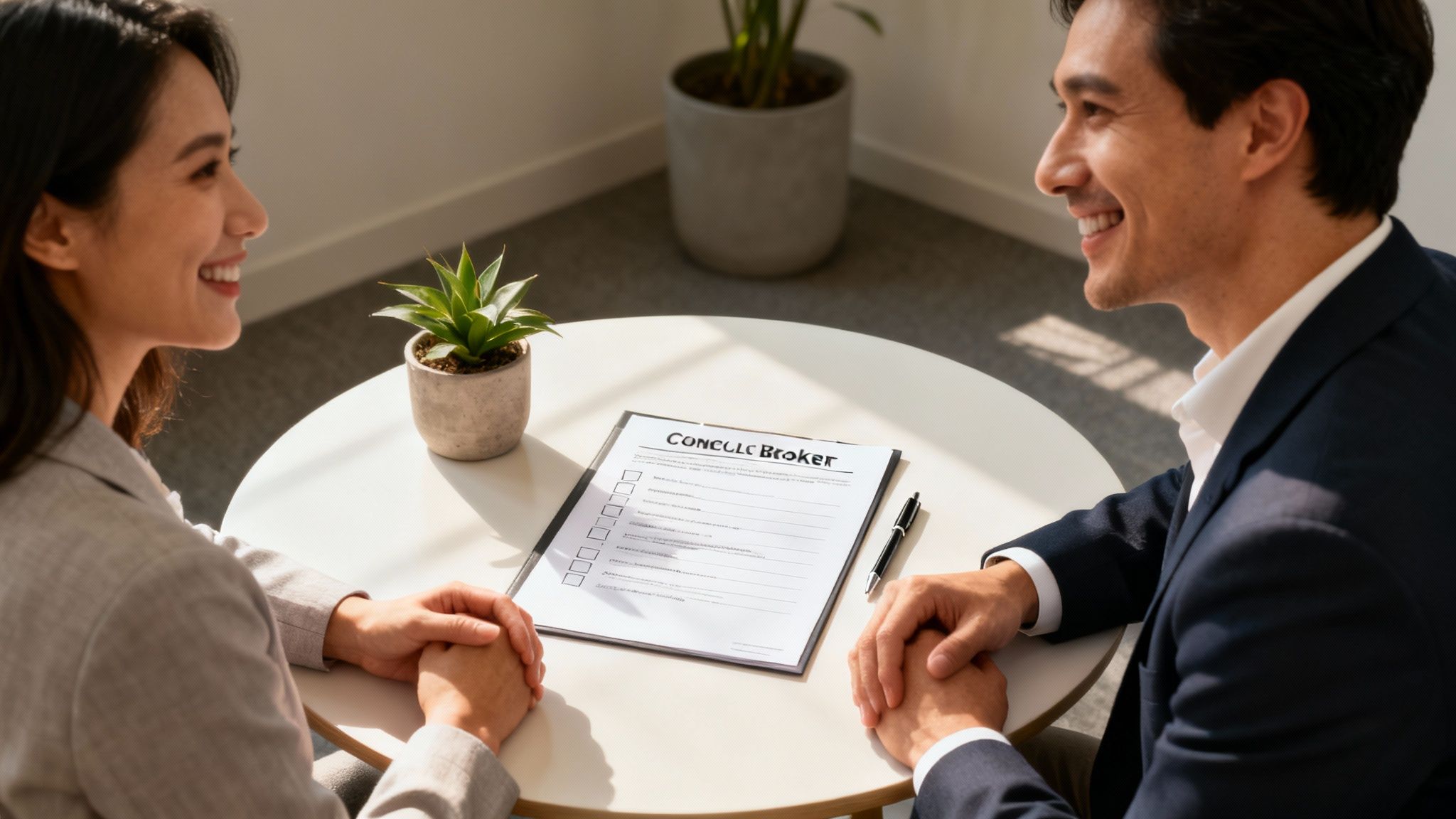 Two smiling professionals, a man and a woman, discuss a document at a table in a bright office.
