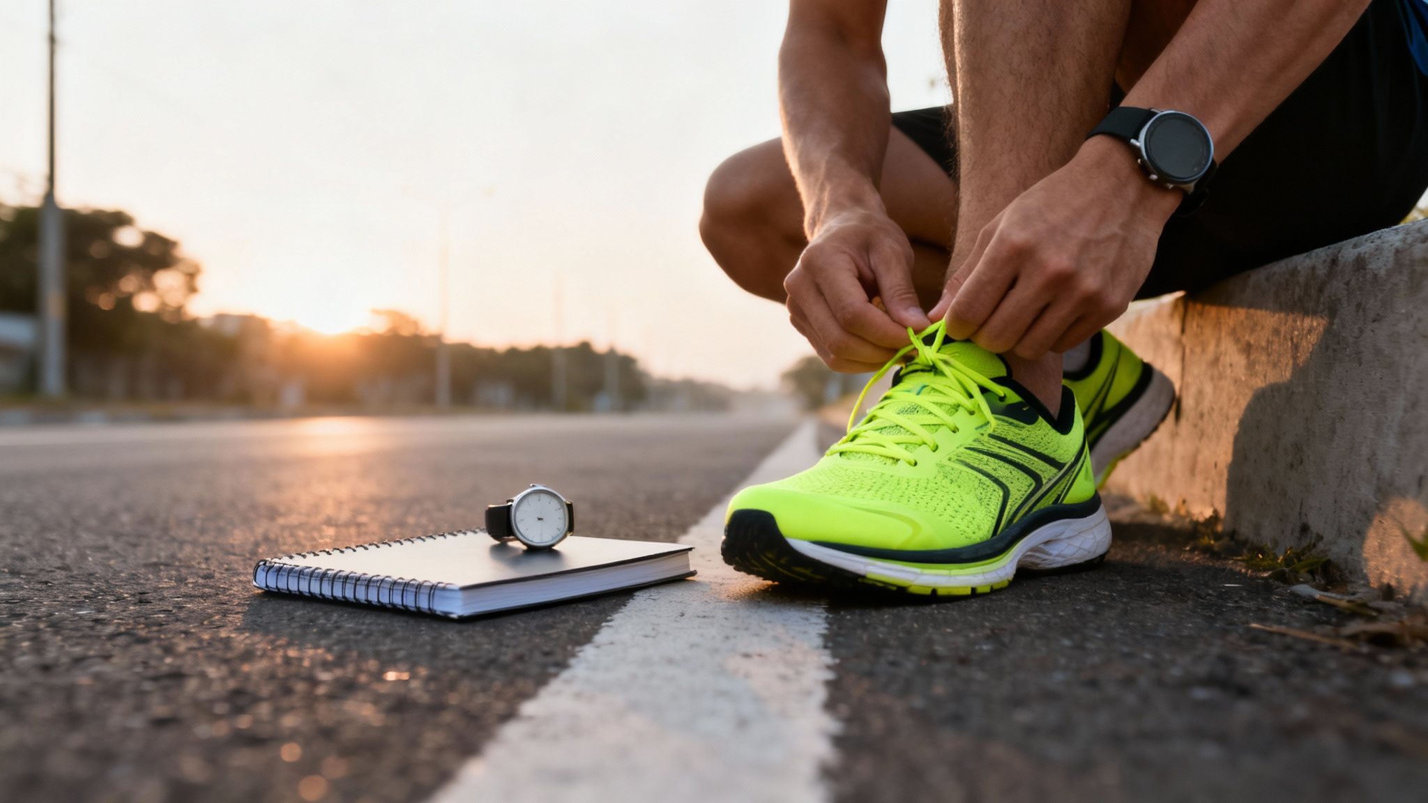 A runner tying bright neon green shoelaces on a road, with a notebook and watch nearby, at sunrise.