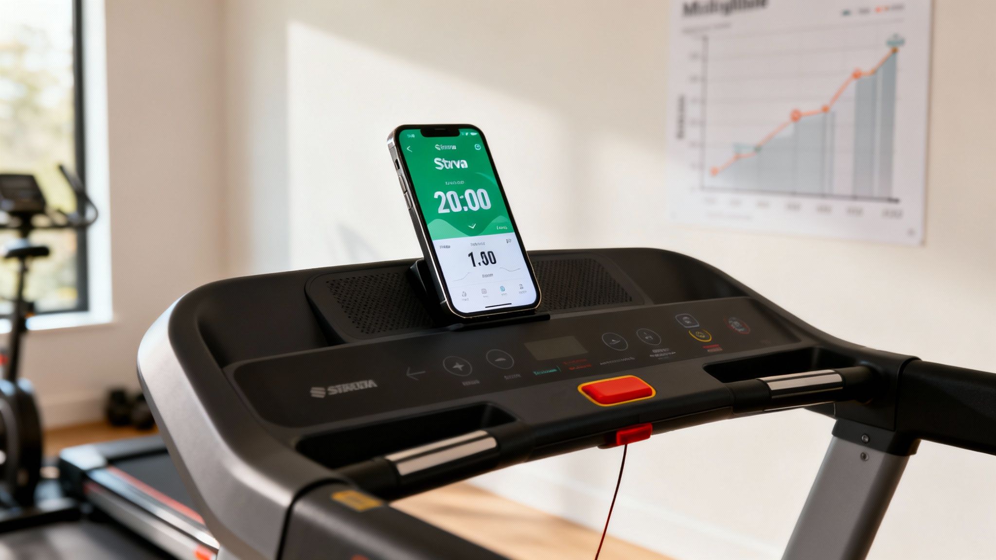 A smartphone running the Strava app is mounted on the control panel of a treadmill.